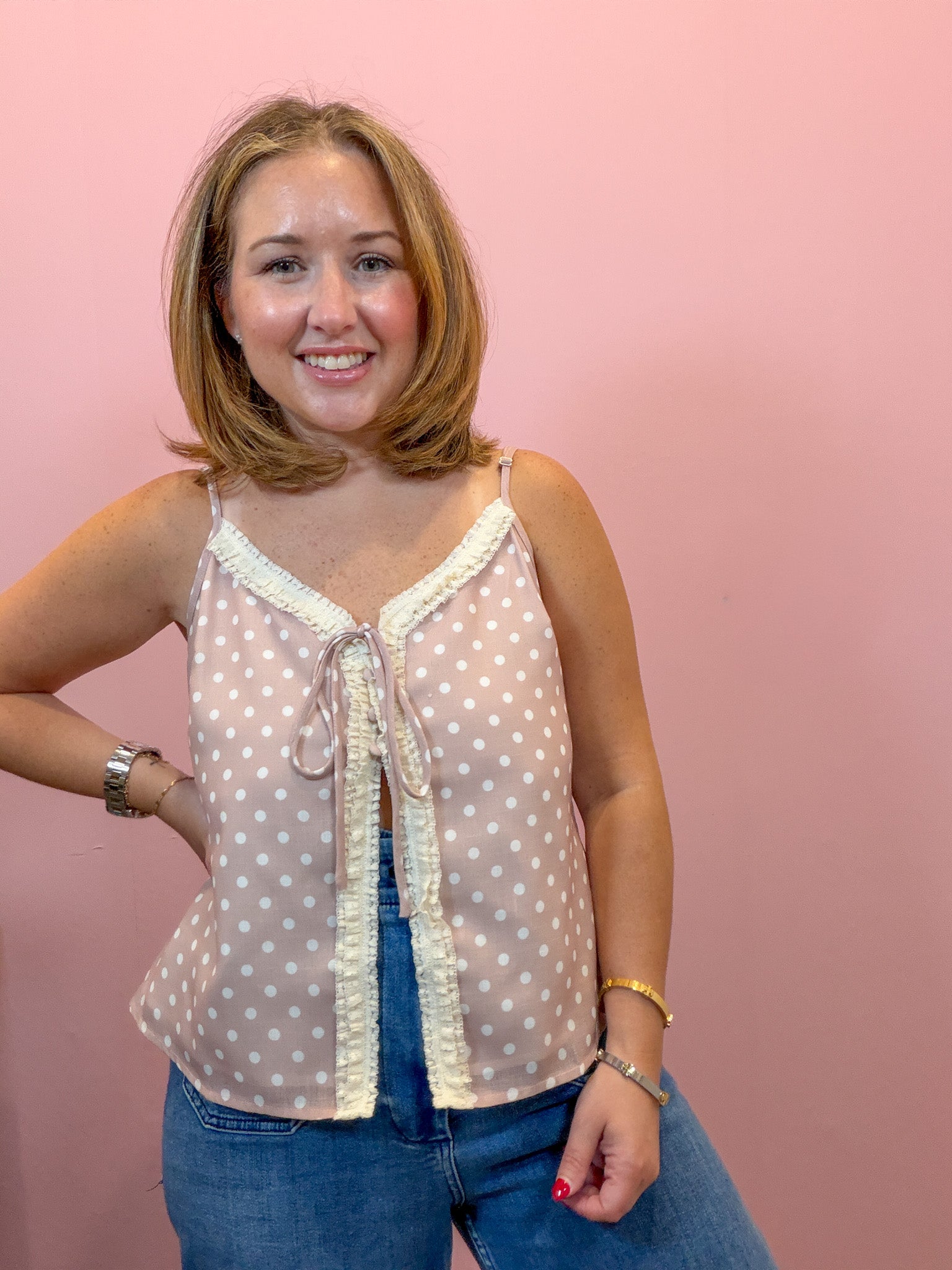  Polka Dot Lace Trim Cami Top
