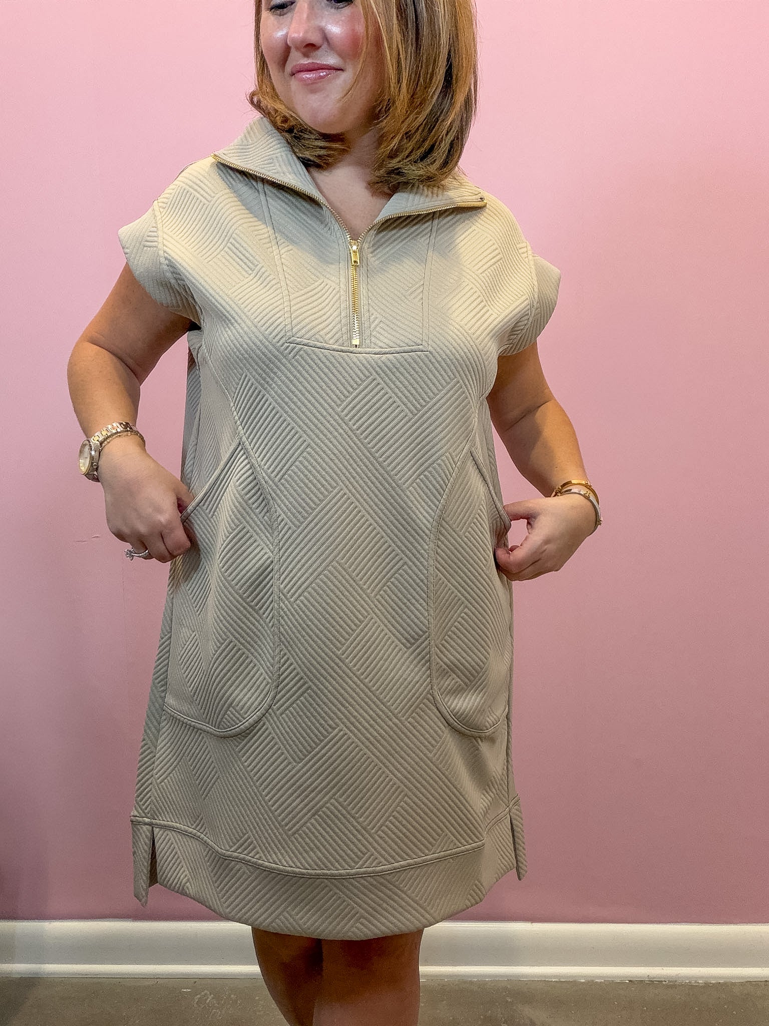 Beige Quarter Zipper Mini Dress