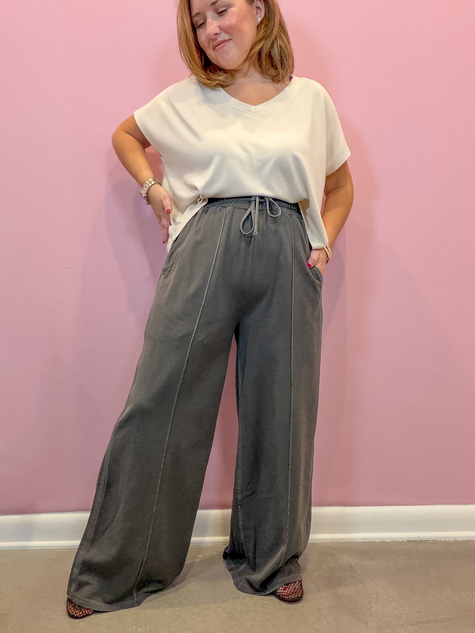 Charcoal Black French Terry Wide Leg Pants