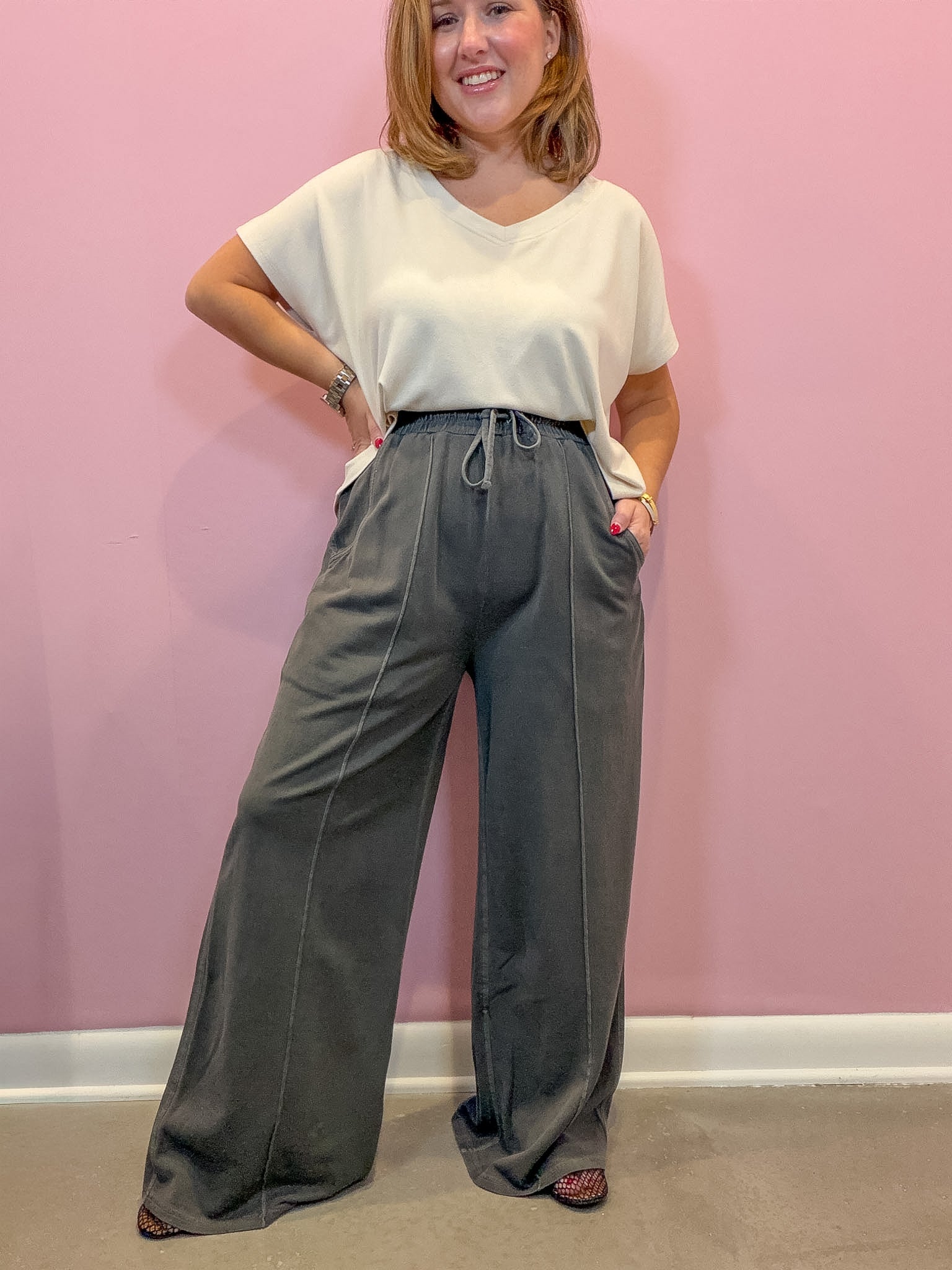 Charcoal Black French Terry Wide Leg Pants