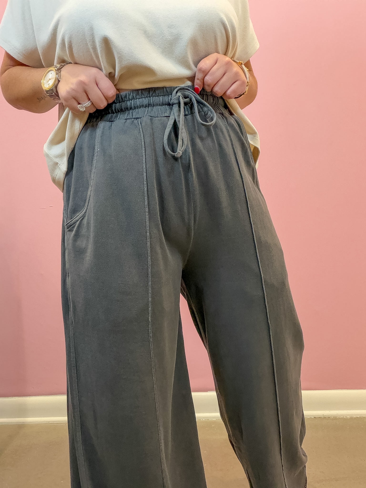 Charcoal Black French Terry Wide Leg Pants