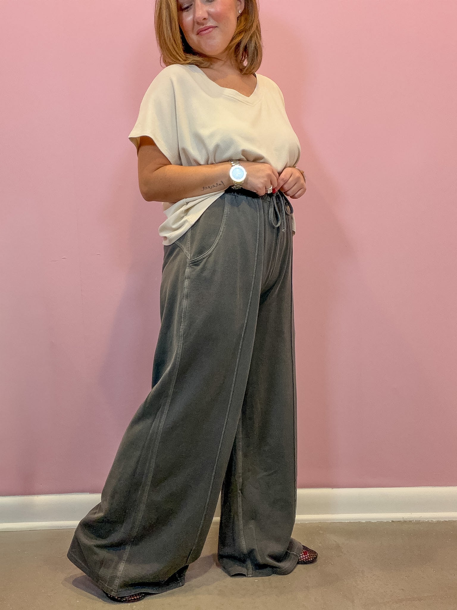 Charcoal Black French Terry Wide Leg Pants