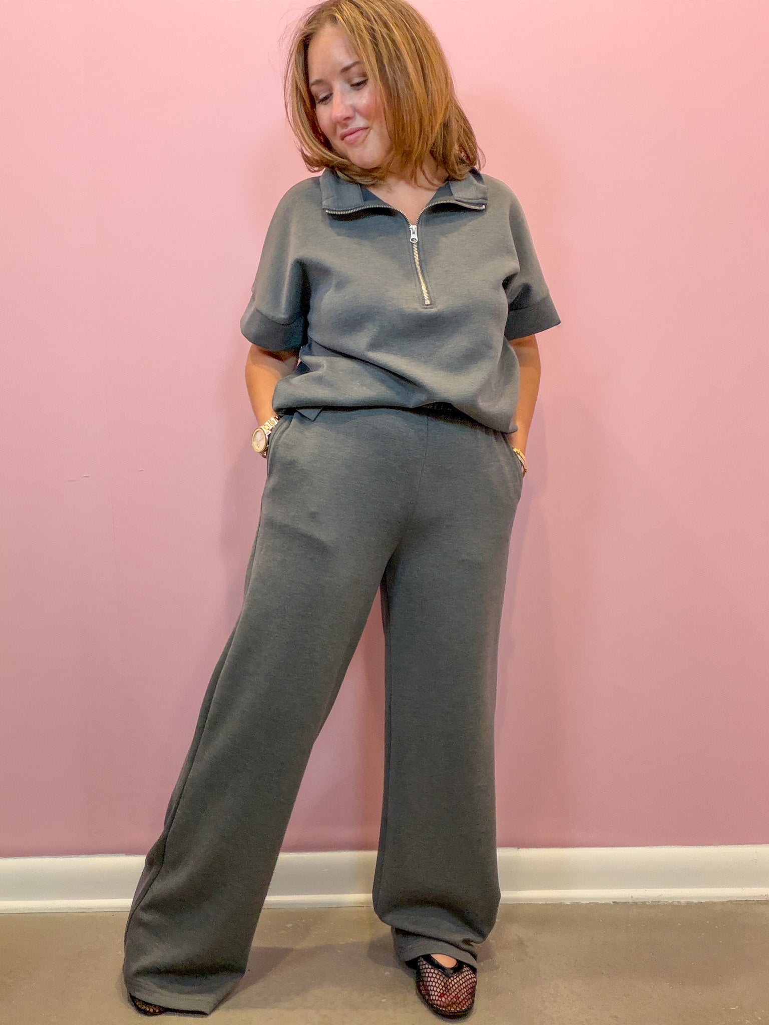 Grey High Neck Half Zip Top