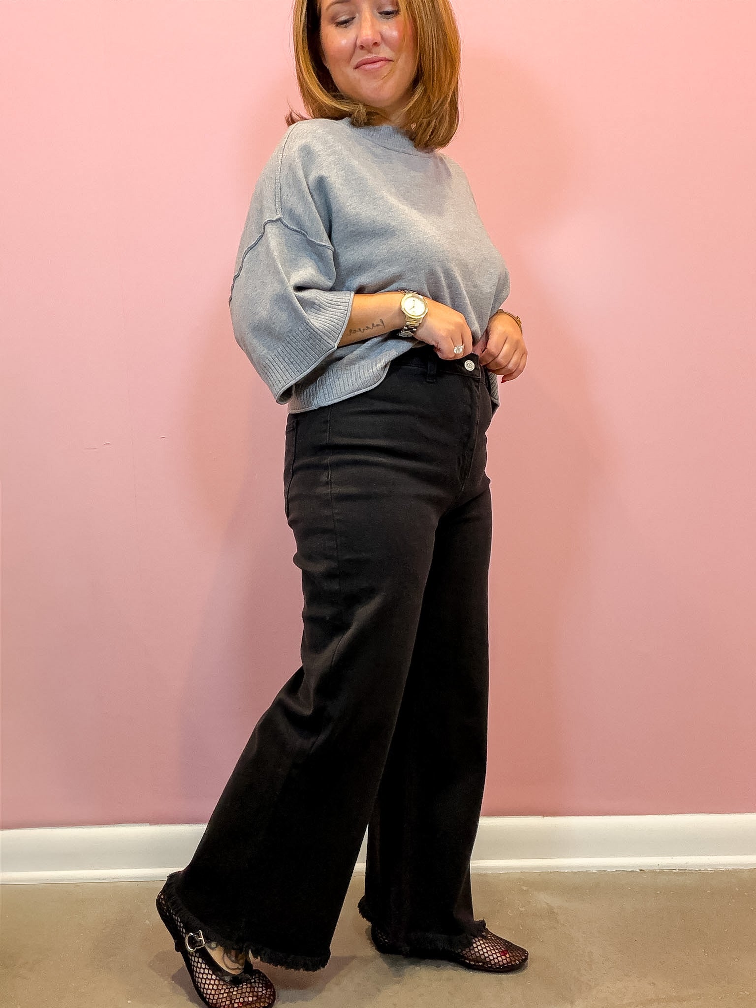 High Waist Frayed Hem Straight Pants | Black