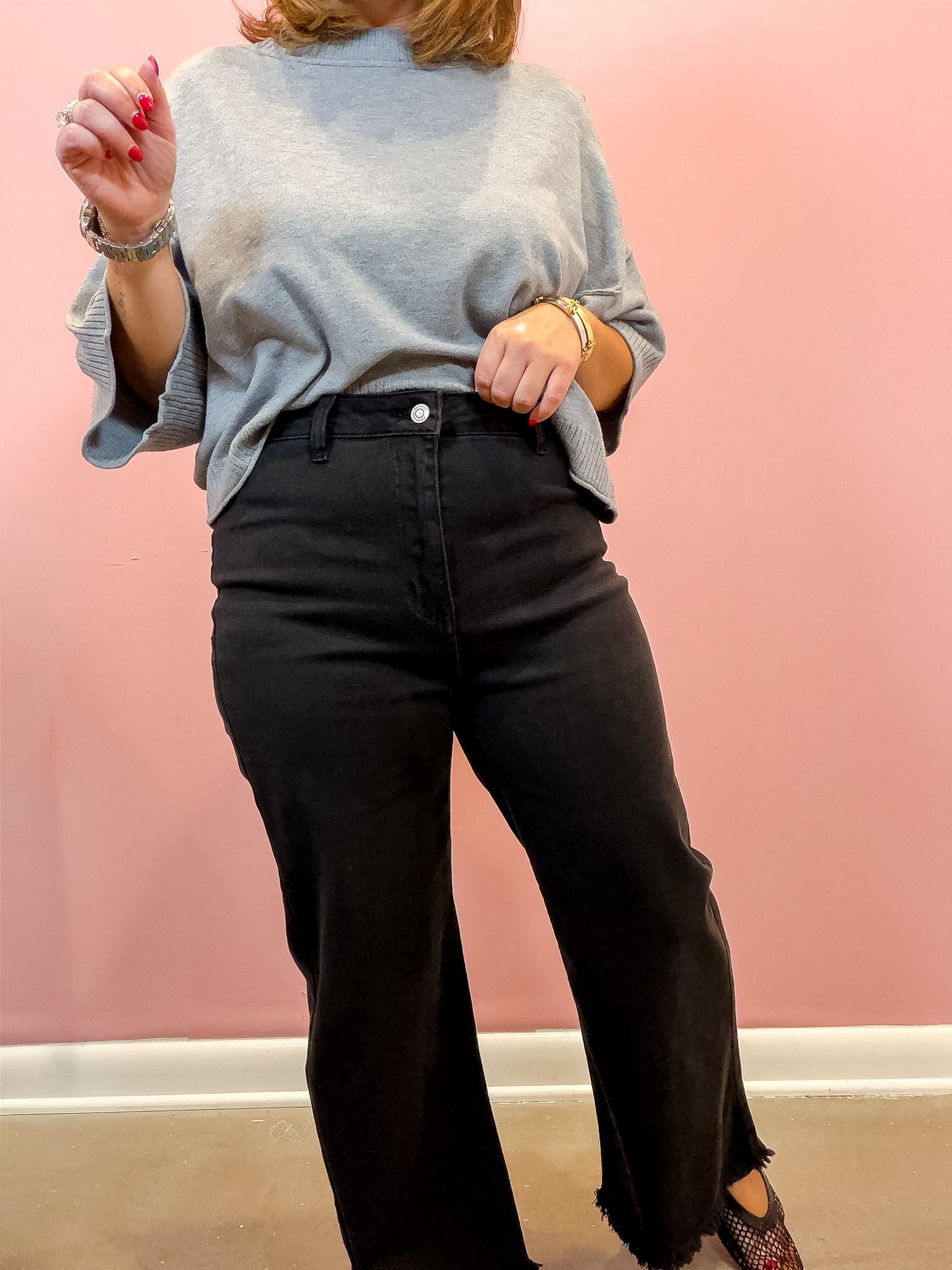 High Waist Frayed Hem Straight Pants | Black