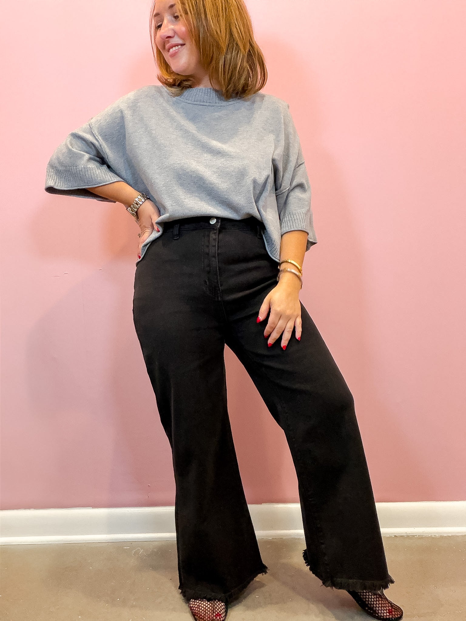 High Waist Frayed Hem Straight Pants | Black