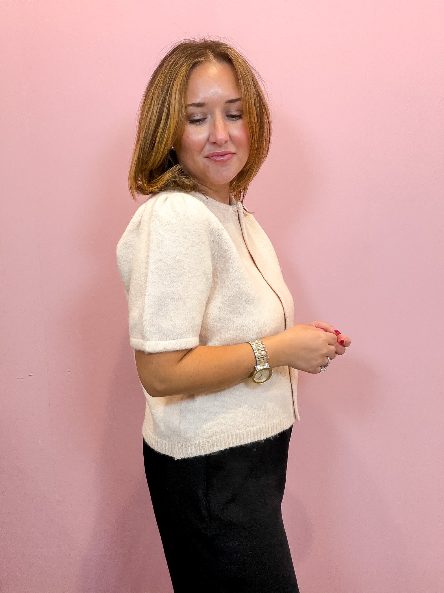 Short Puff Sleeve Sweater Cardigan