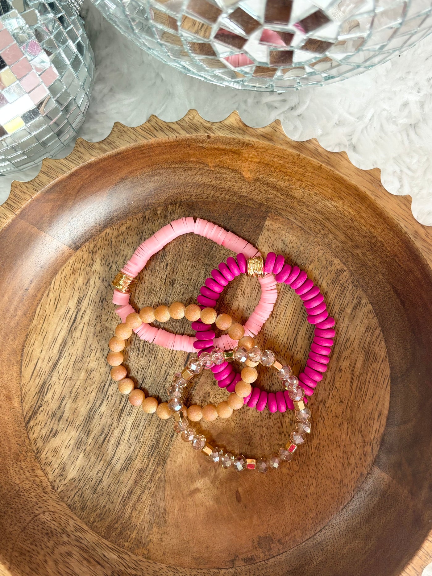 Pink and gold beaded bracelet stack