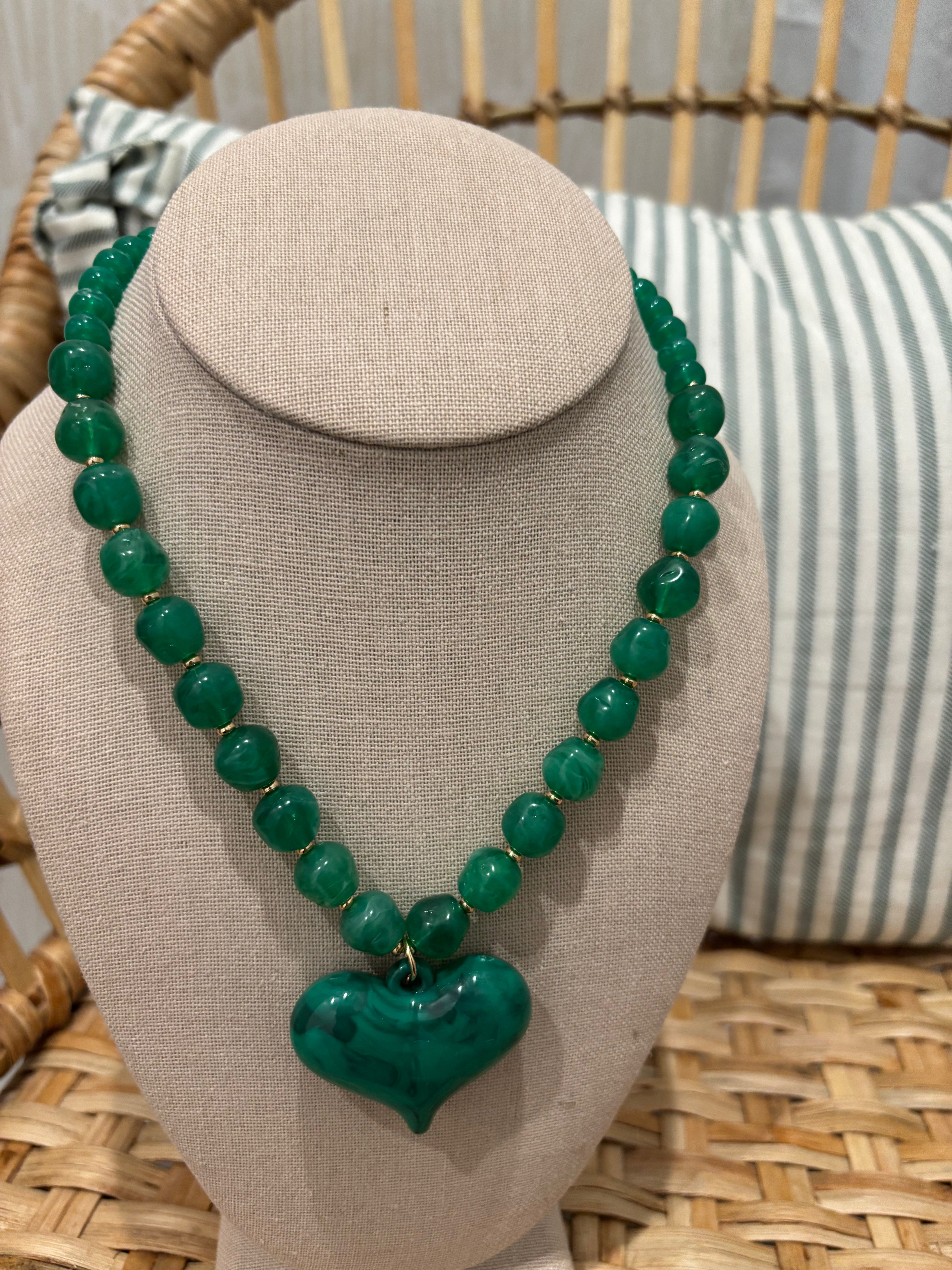 Chunky Beaded Charm Necklace | Green