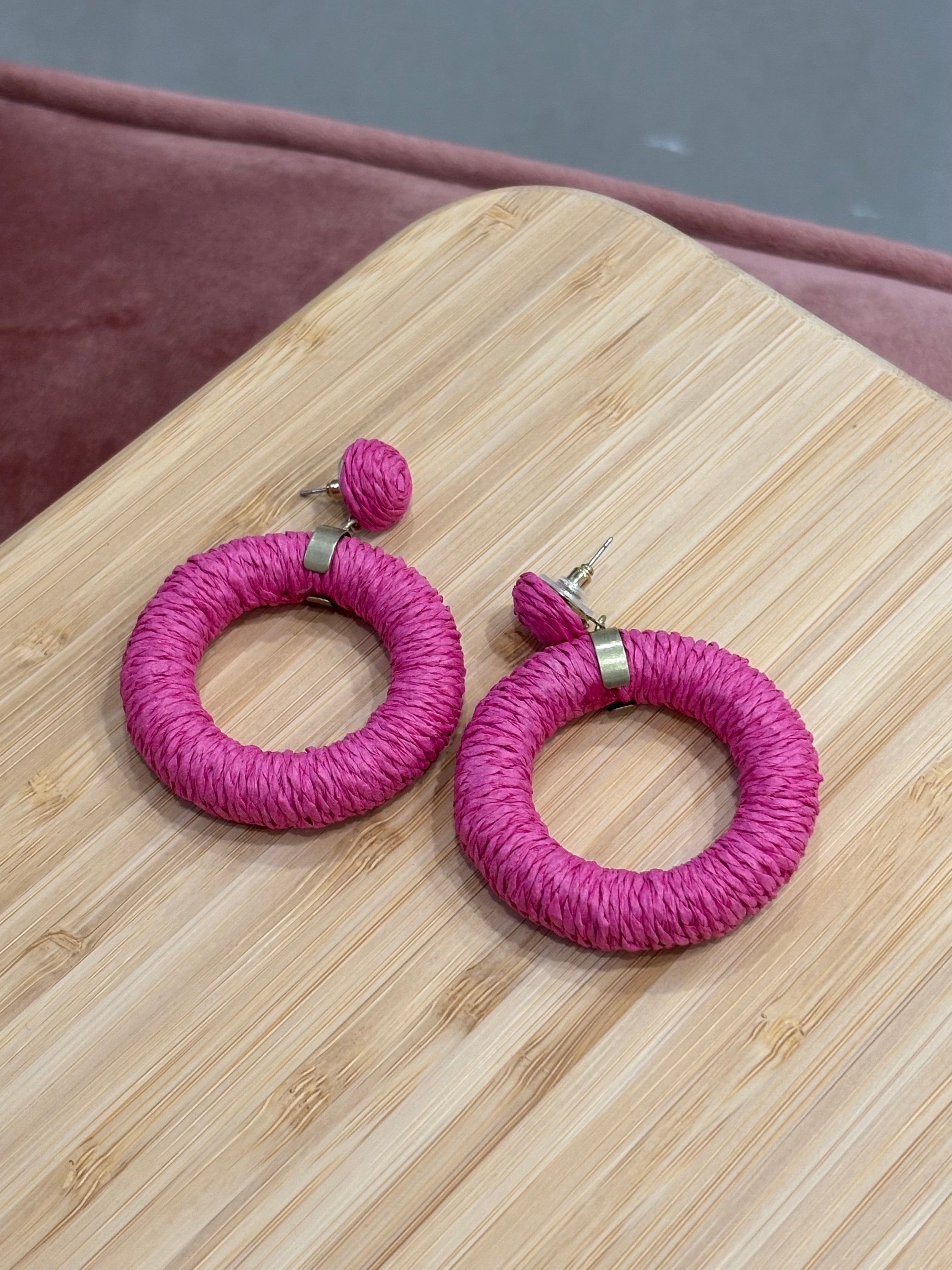 Raffia Wrapped Hoop Earring | Pink