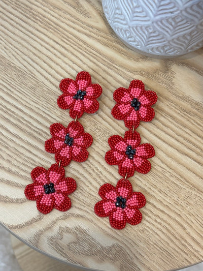 Triple Drop Beaded Drop Earrings | Red Flowers