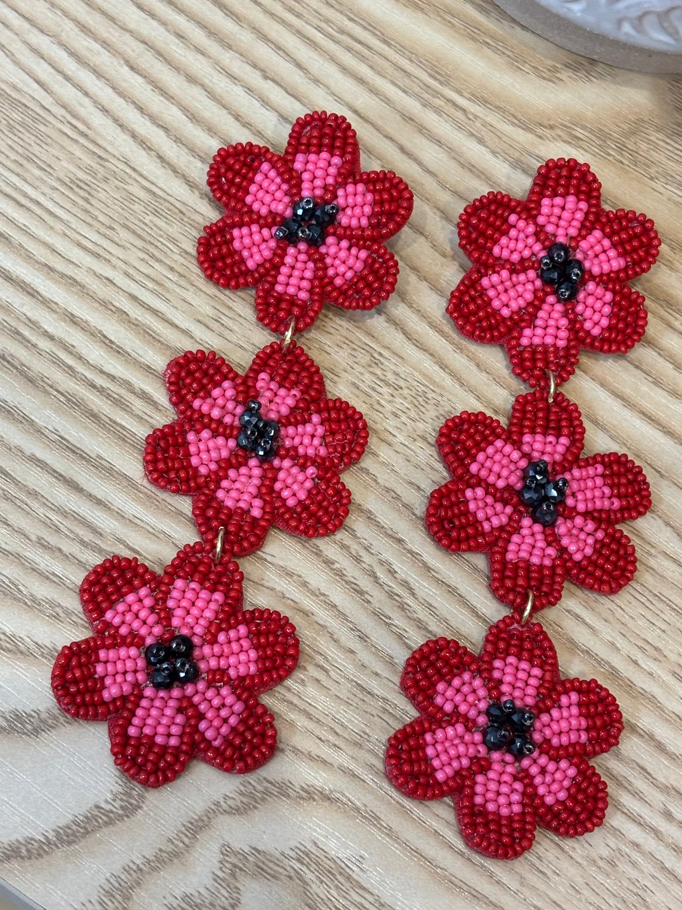 Triple Drop Beaded Drop Earrings | Red Flowers