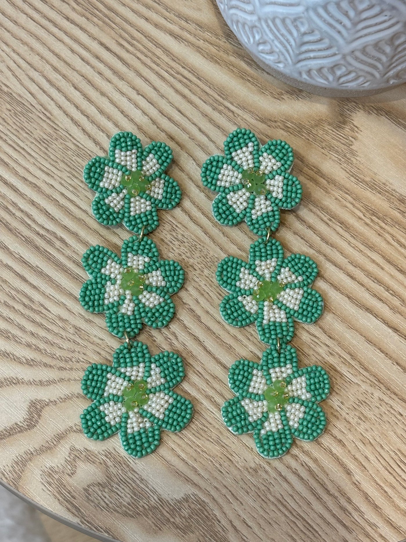 Triple Drop Beaded Drop Earrings | Green Flowers