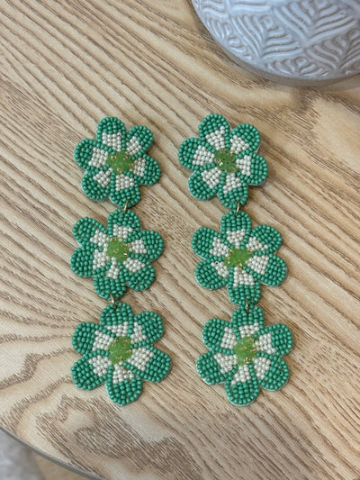 Triple Drop Beaded Drop Earrings | Green Flowers