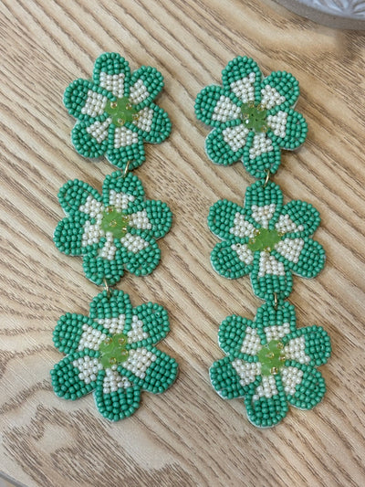 Triple Drop Beaded Drop Earrings | Green Flowers
