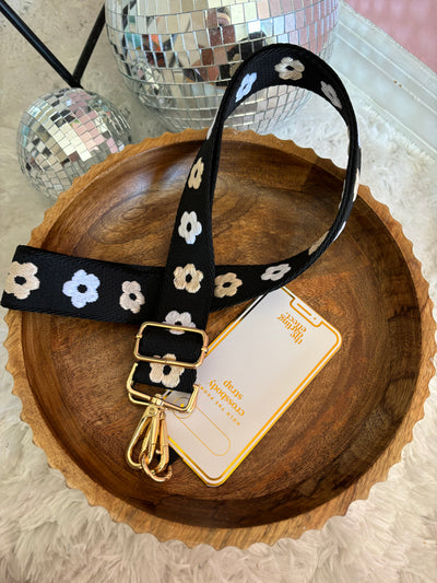 Black crossbody strap with florals