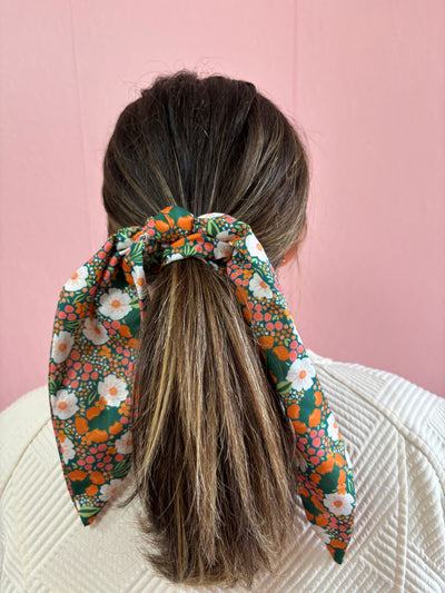 Hunter green, white flowers scarf scrunchie