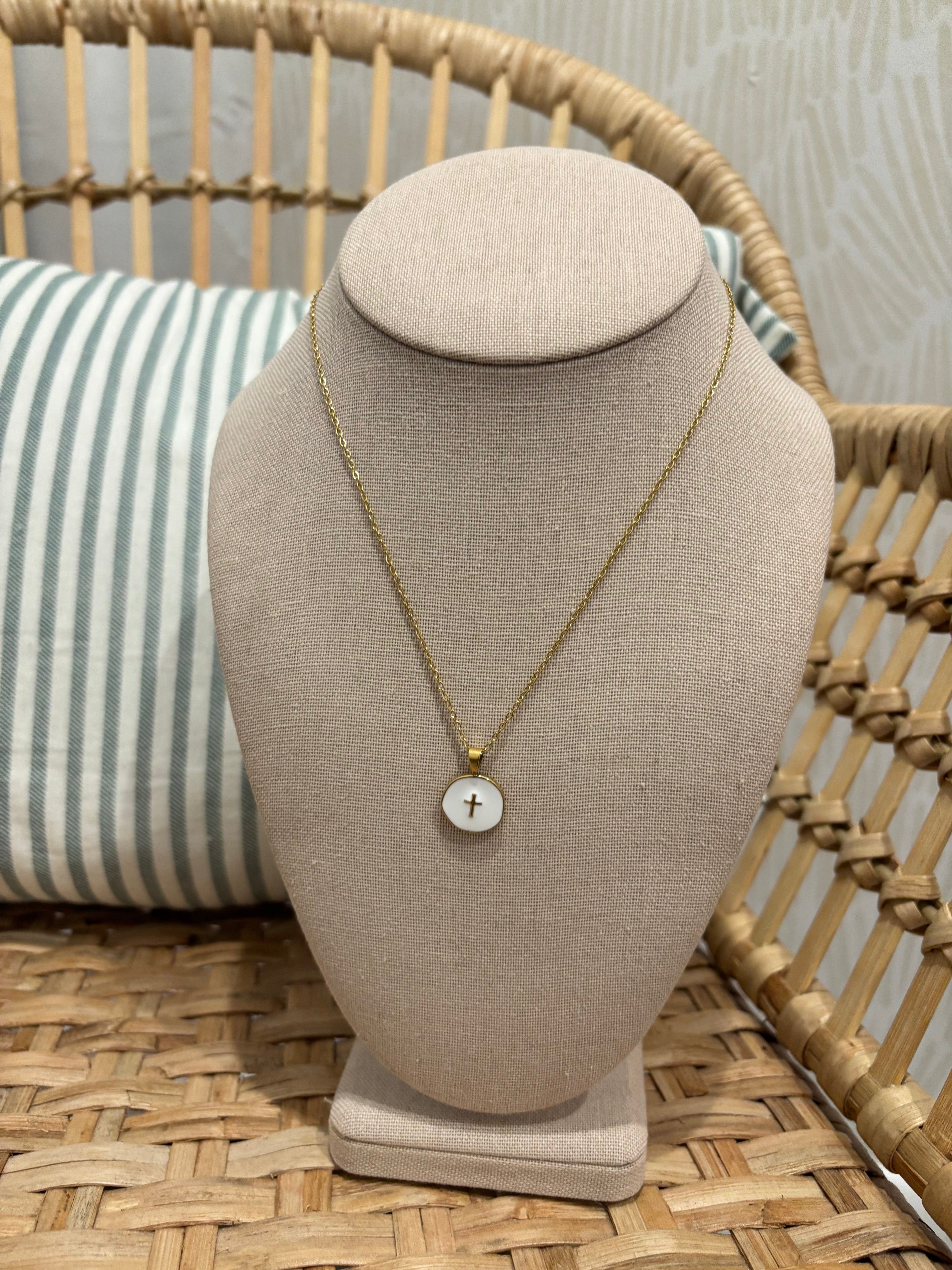Gold & White Cross Necklace