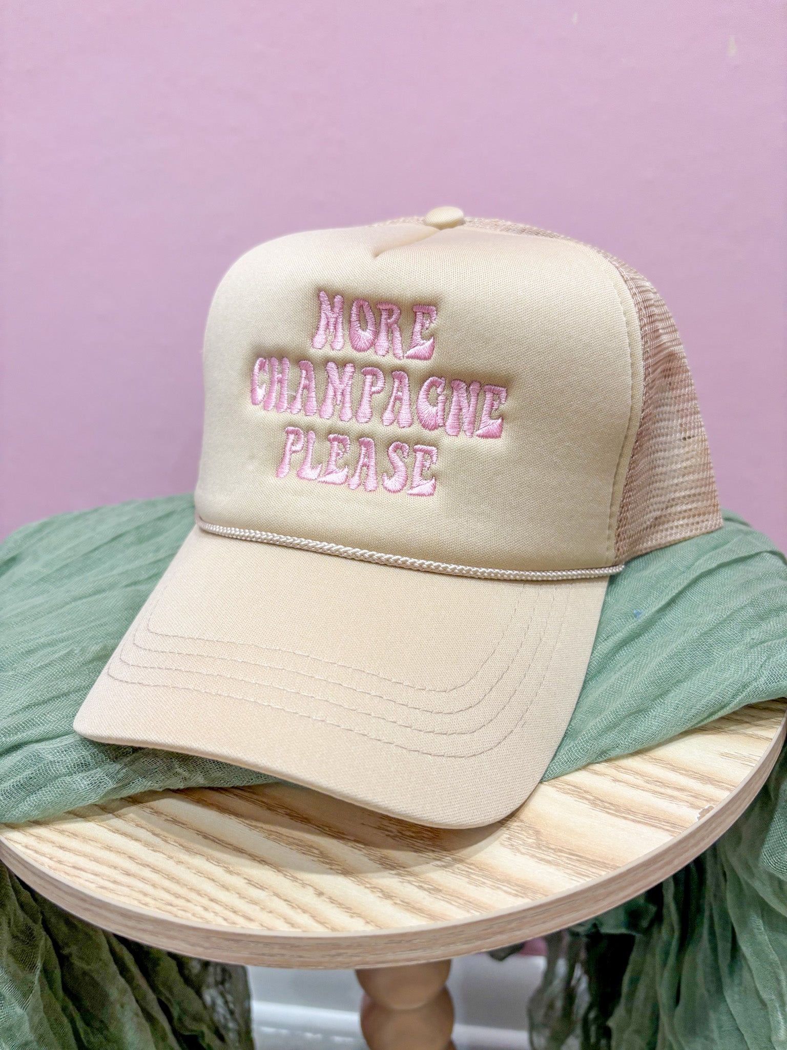 More Champagne Please Embroidered Trucker Hat