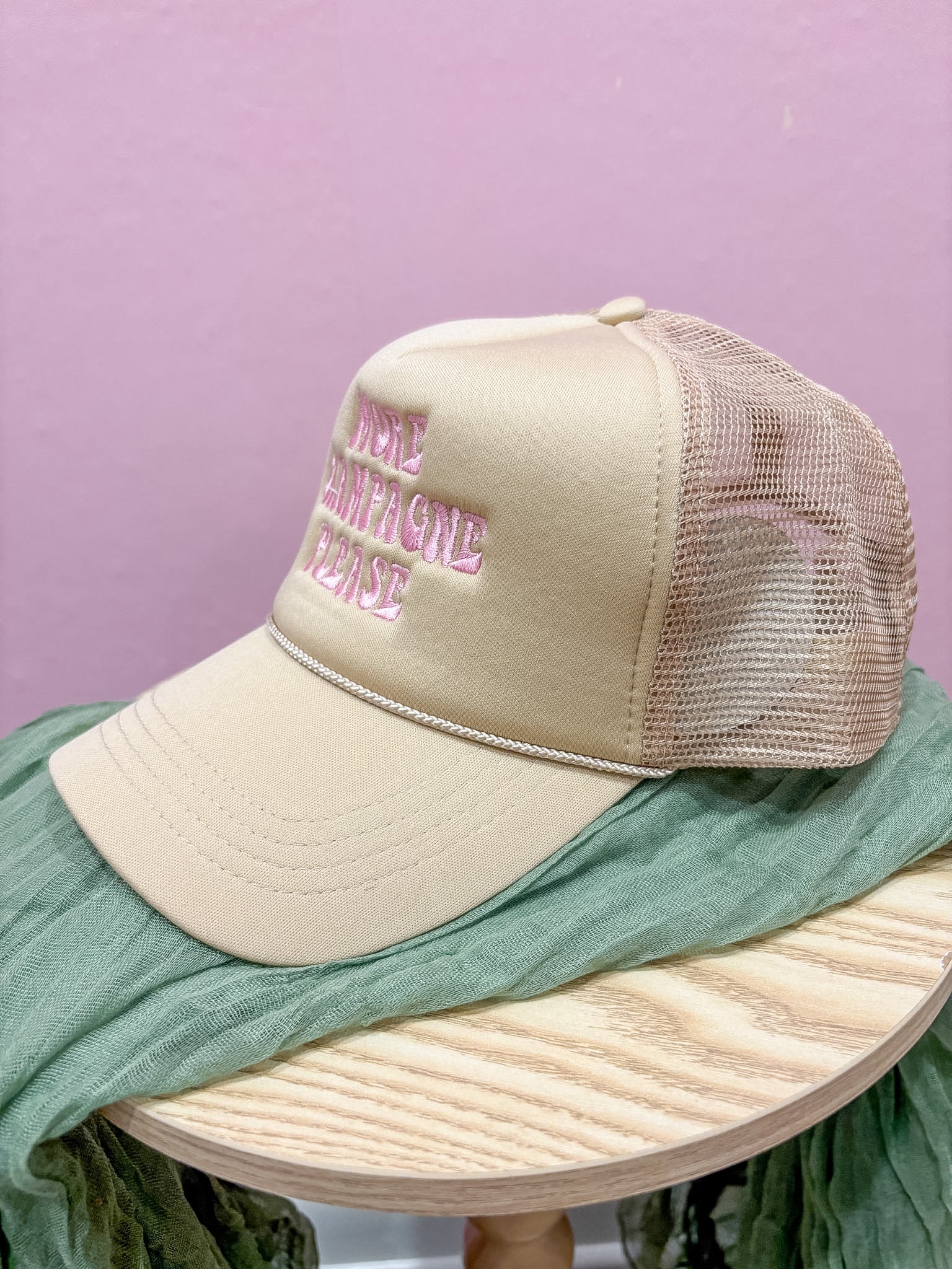More Champagne Please Embroidered Trucker Hat