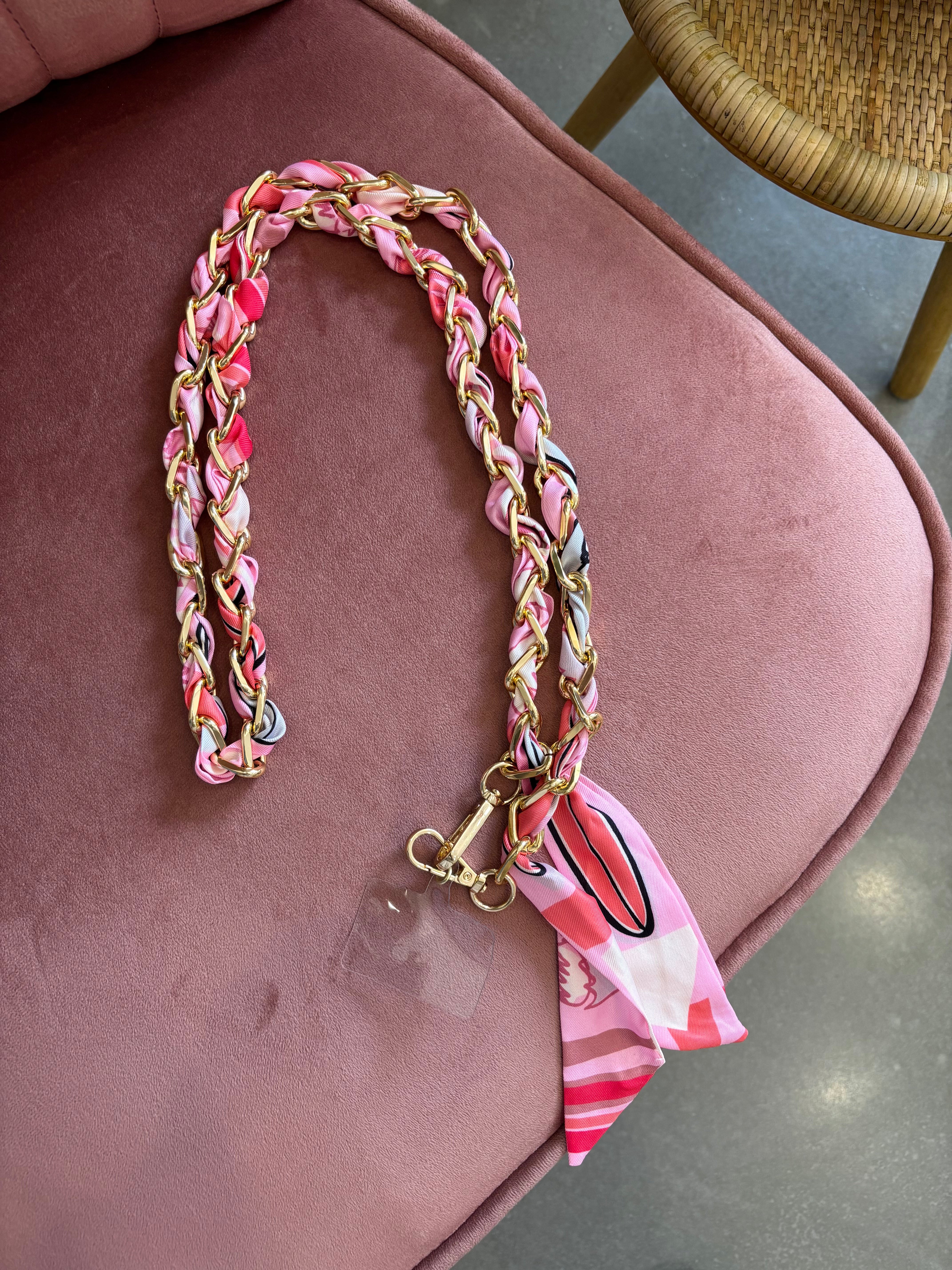 Gold Scarf Knotted Phone Chain | Pink & White