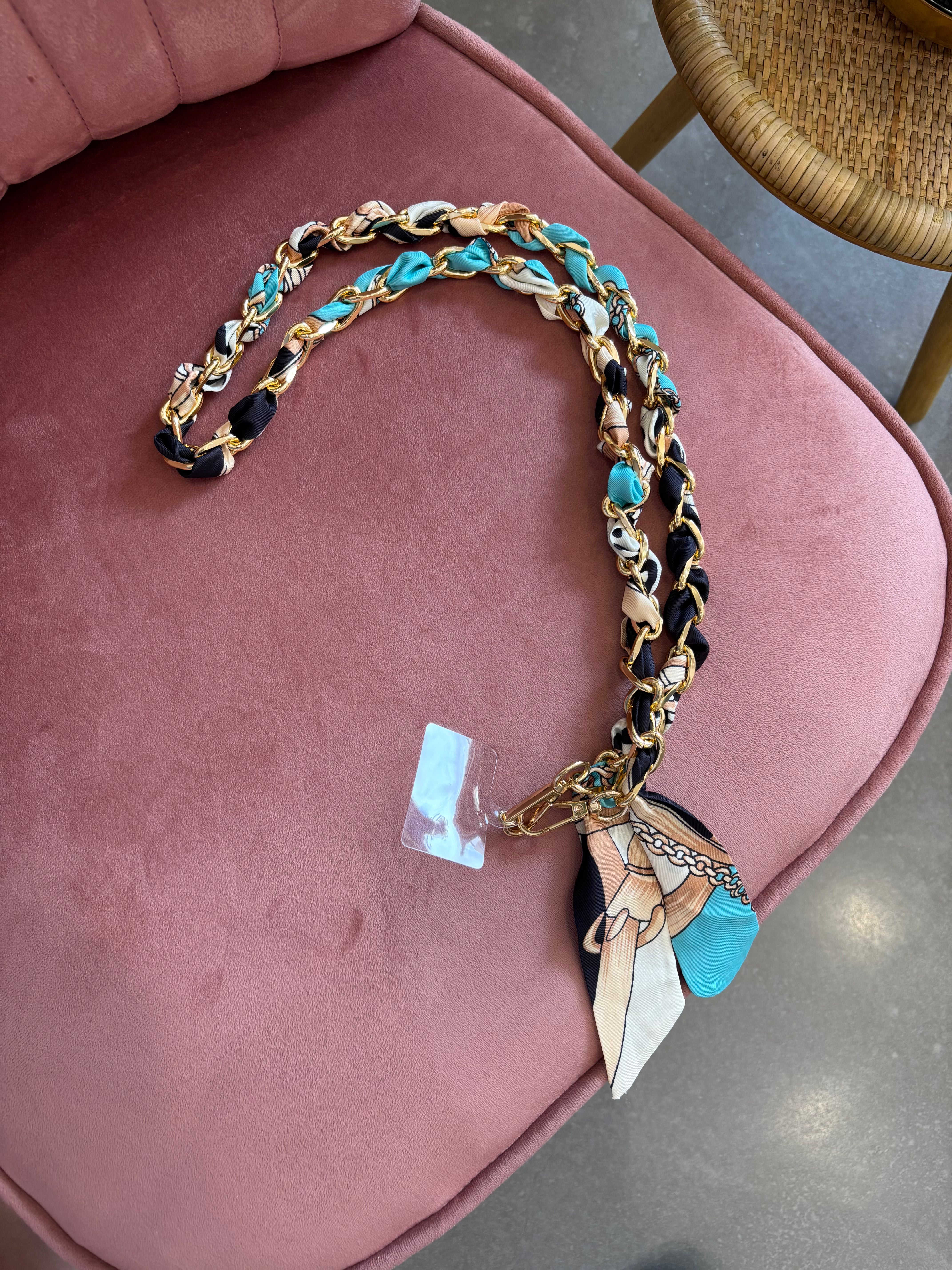 Gold Scarf Knotted Phone Chain | Blue & White