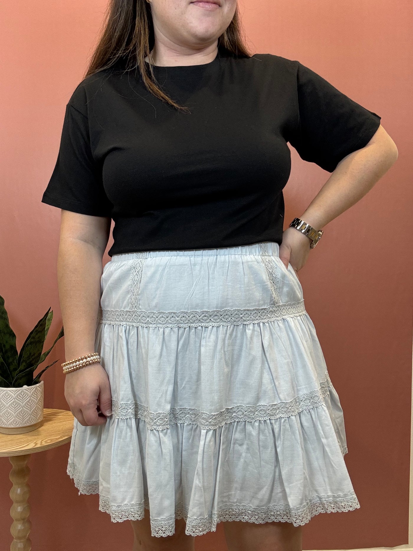 Tiara Tiered Lace Mini Skirt | Powder Blue