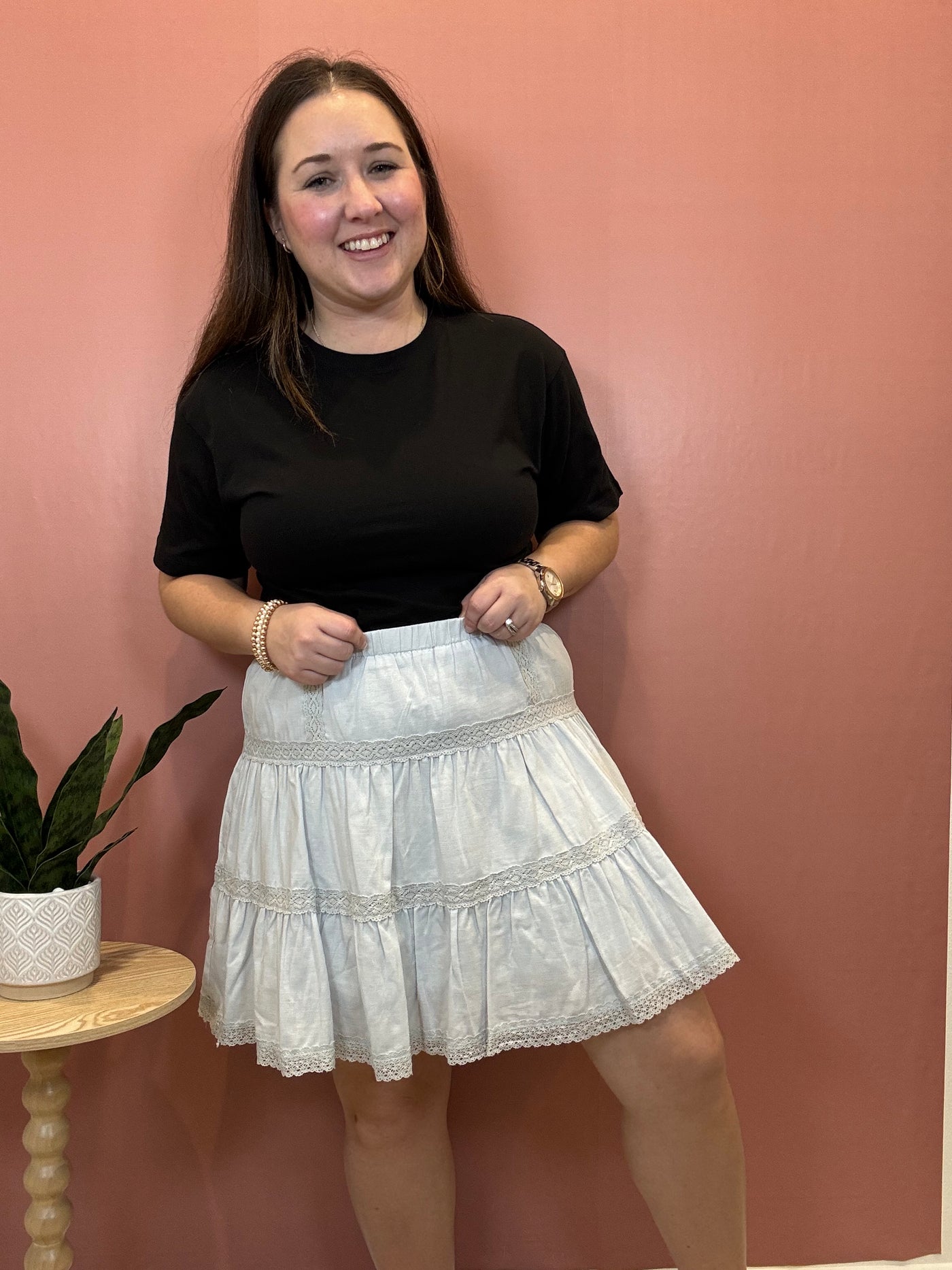 Tiara Tiered Lace Mini Skirt | Powder Blue