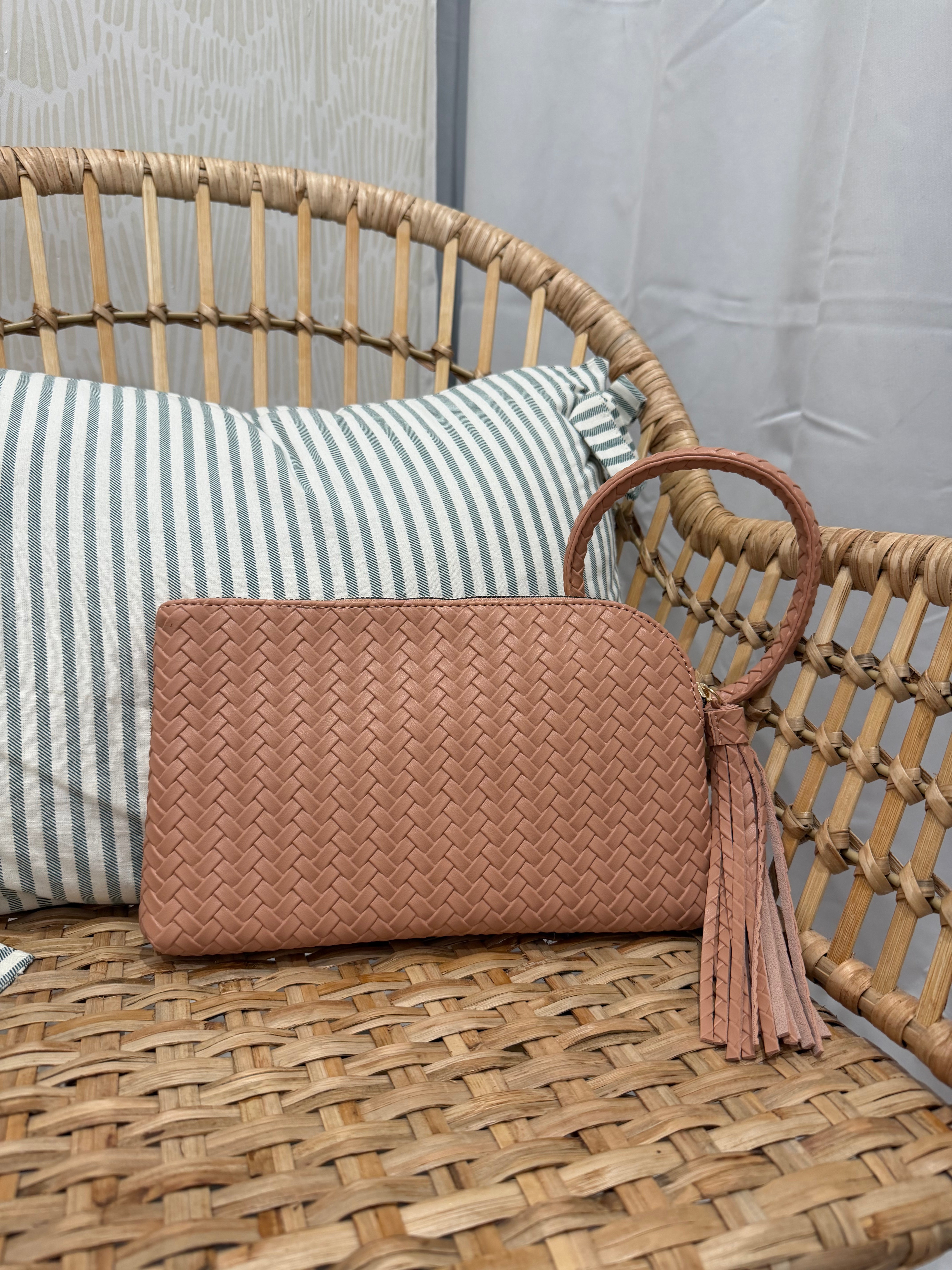 Woven Fringe Cuff Handle Clutch Bag | Beige