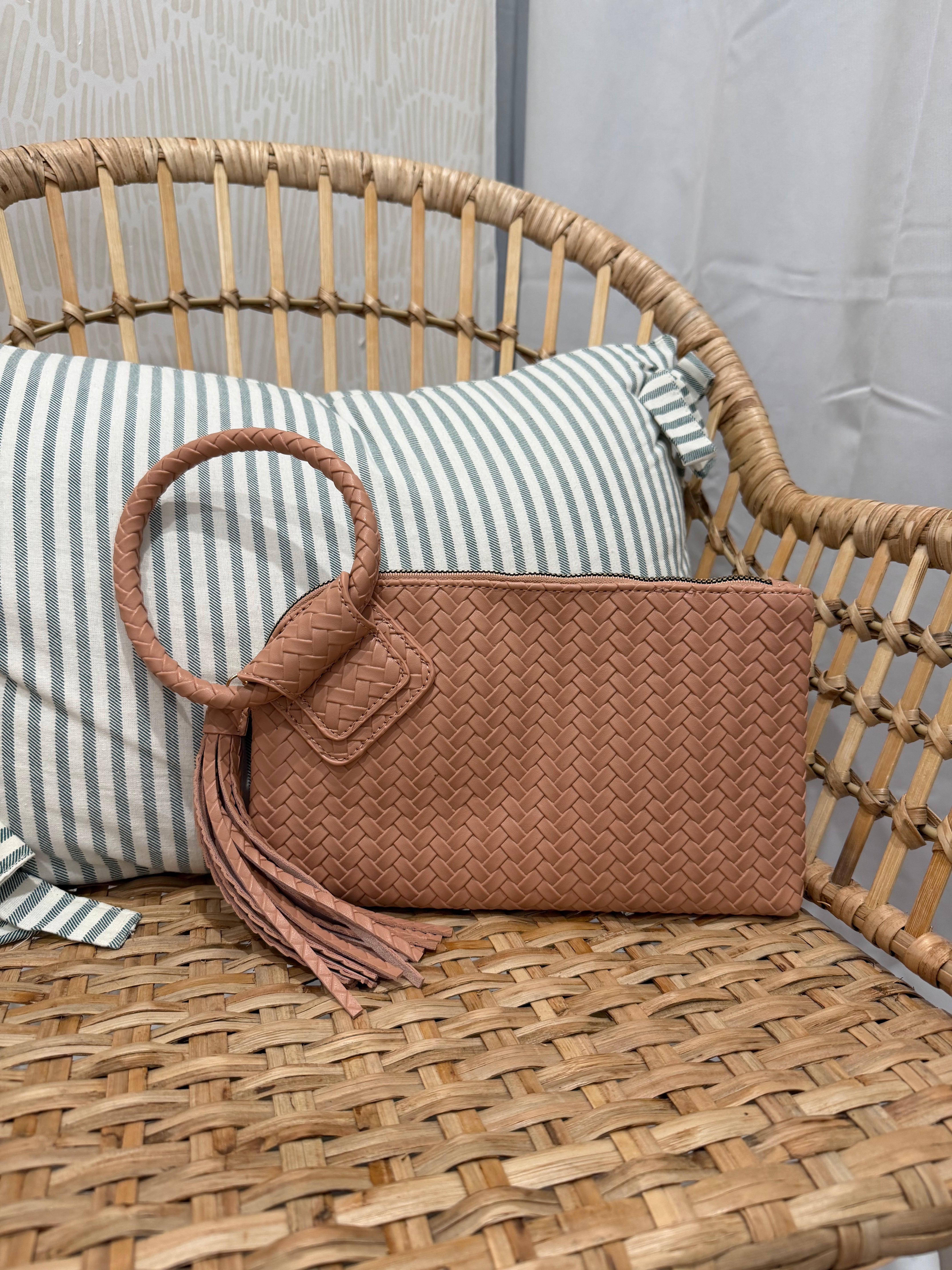 Woven Fringe Cuff Handle Clutch Bag | Beige