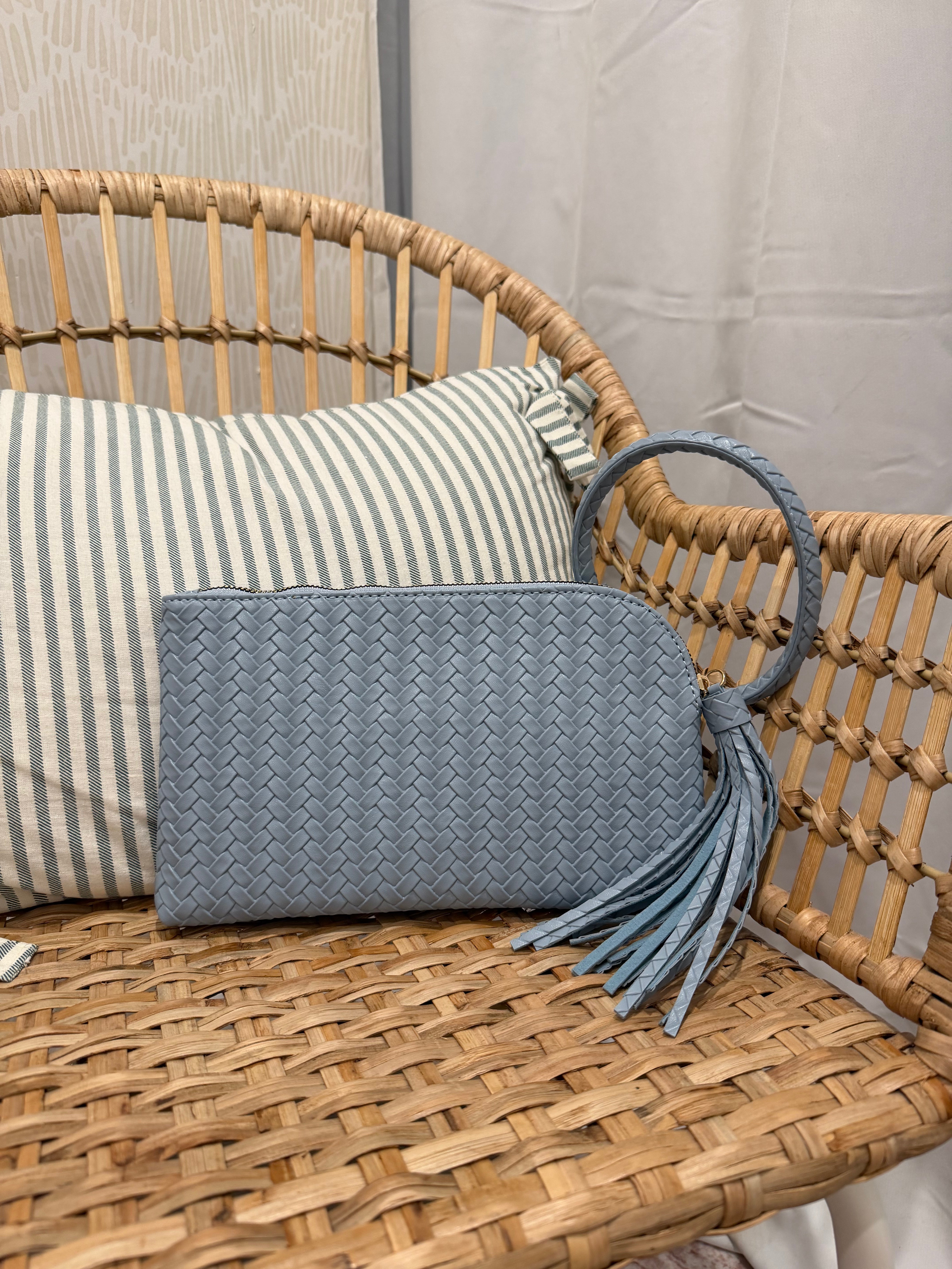 Woven Fringe Cuff Handle Clutch Bag | Blue