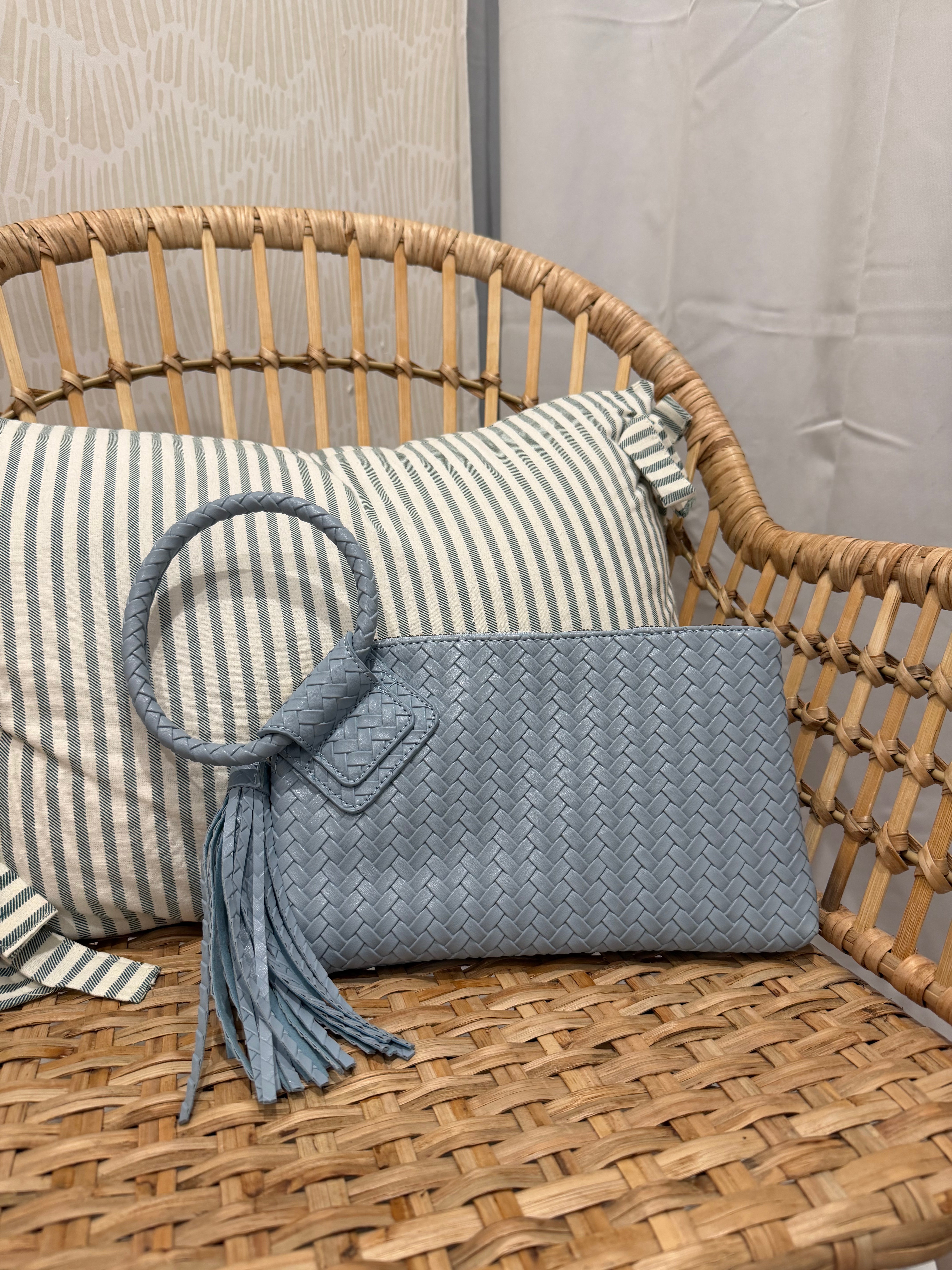 Woven Fringe Cuff Handle Clutch Bag | Blue