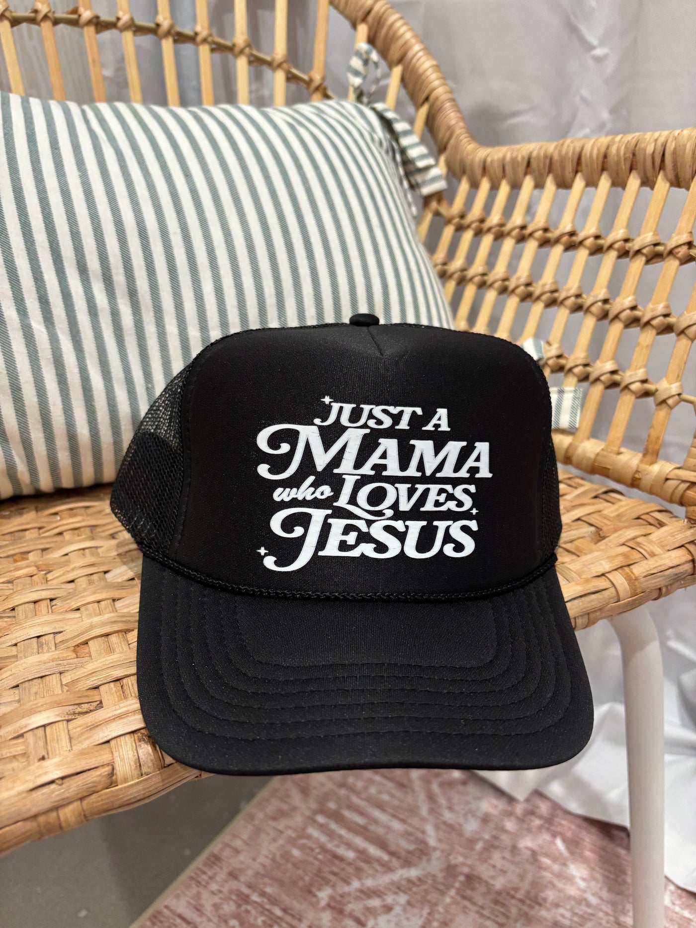 Just A Mama Who Loves Jesus Trucker Hat