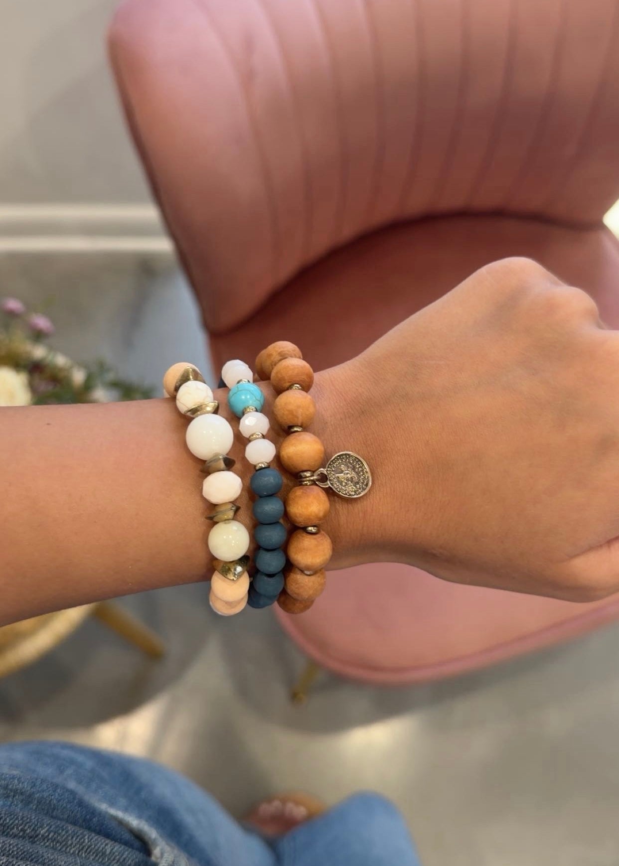 Wood & Bead Stretch Bracelet Set (Blue)