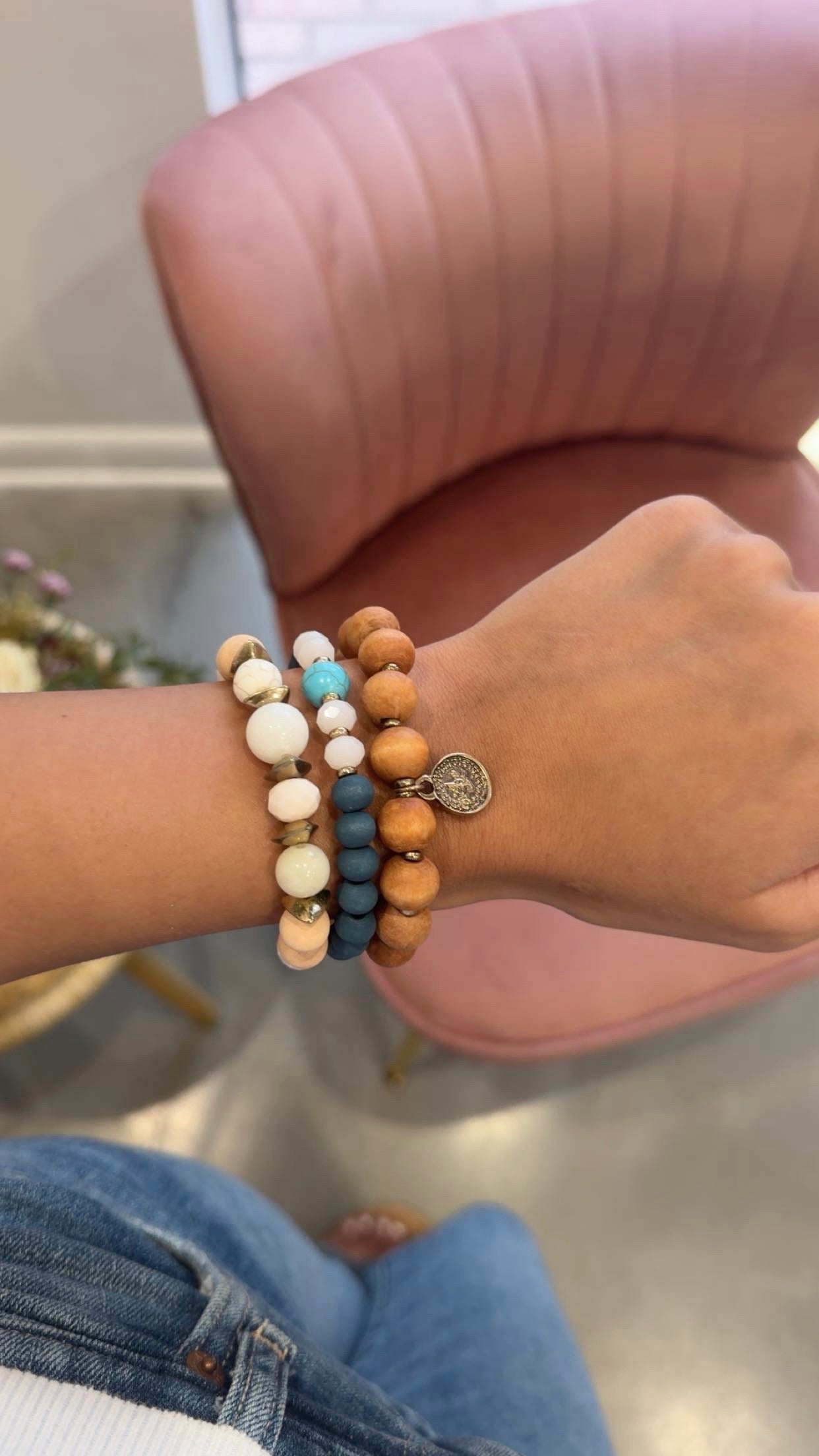Wood & Bead Stretch Bracelet Set (Blue)