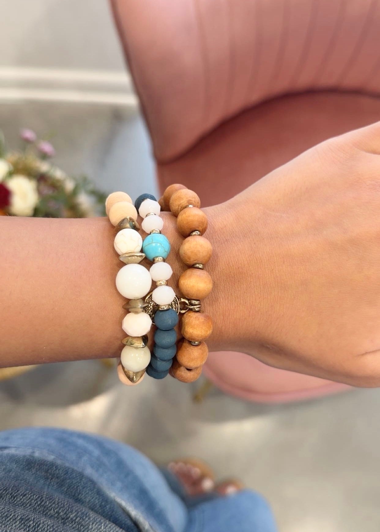 Wood & Bead Stretch Bracelet Set (Blue)