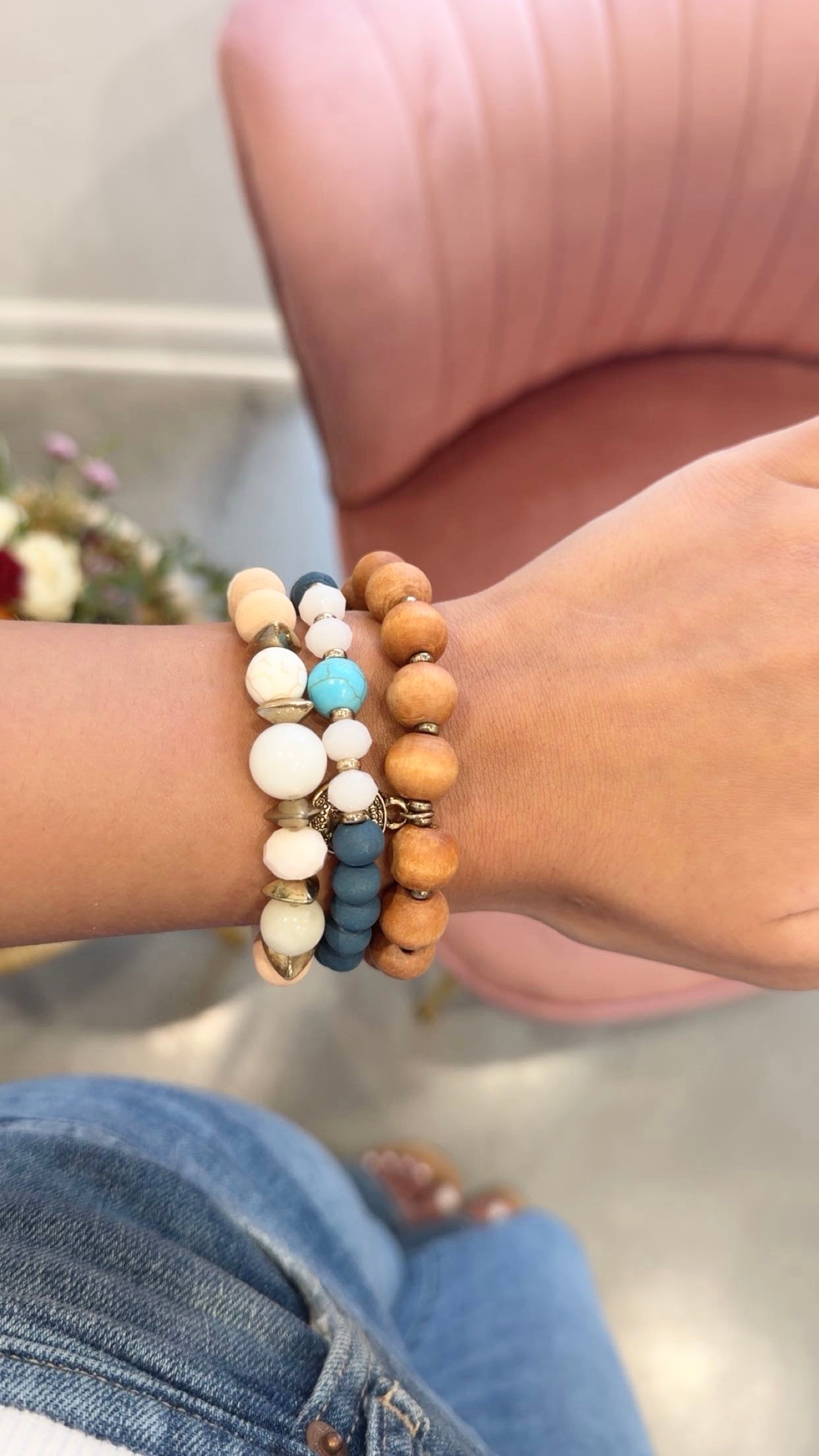 Wood & Bead Stretch Bracelet Set (Blue)