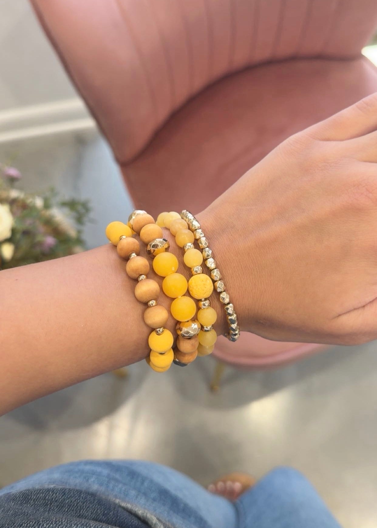 Wood & Bead Stretch Bracelet Set Mustard