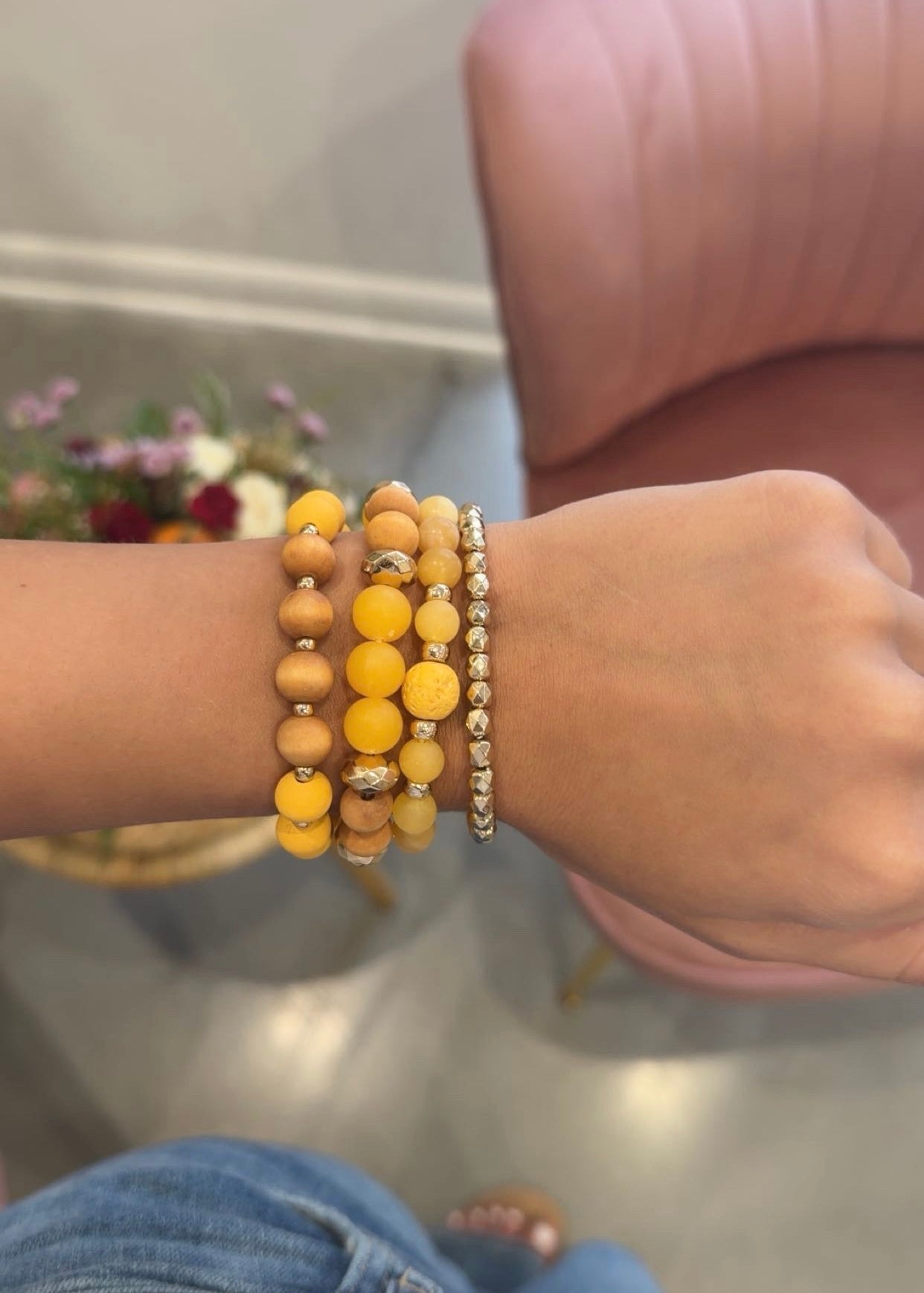 Wood & Bead Stretch Bracelet Set Mustard
