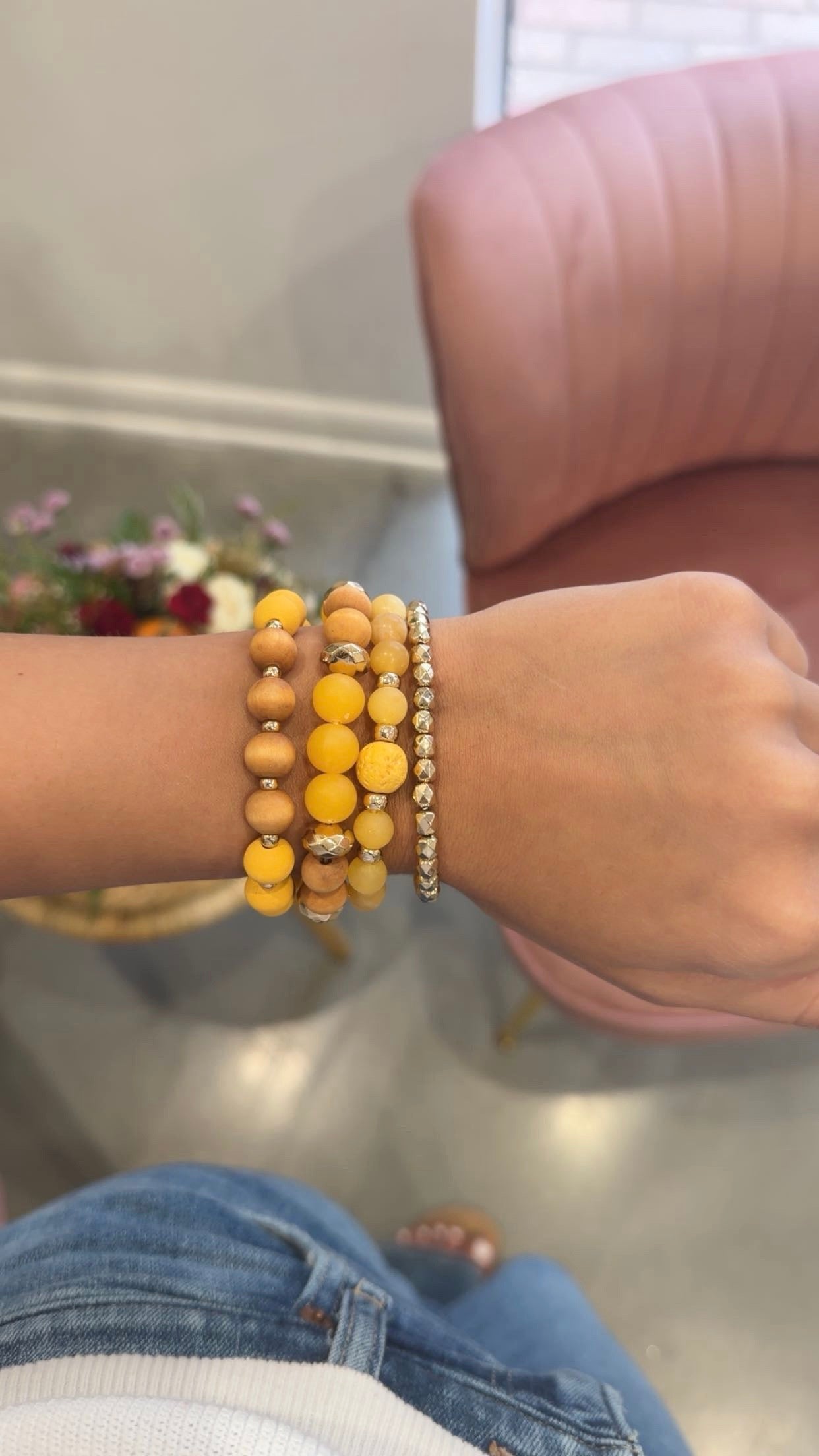 Wood & Bead Stretch Bracelet Set Mustard