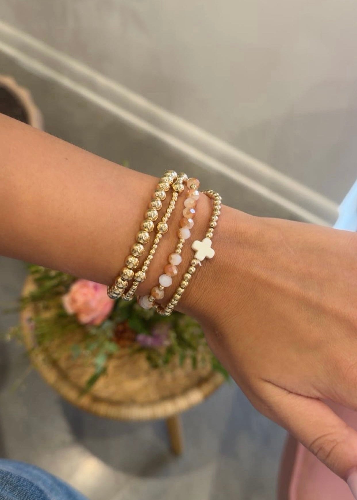 Cross Beaded Bracelet Set | White