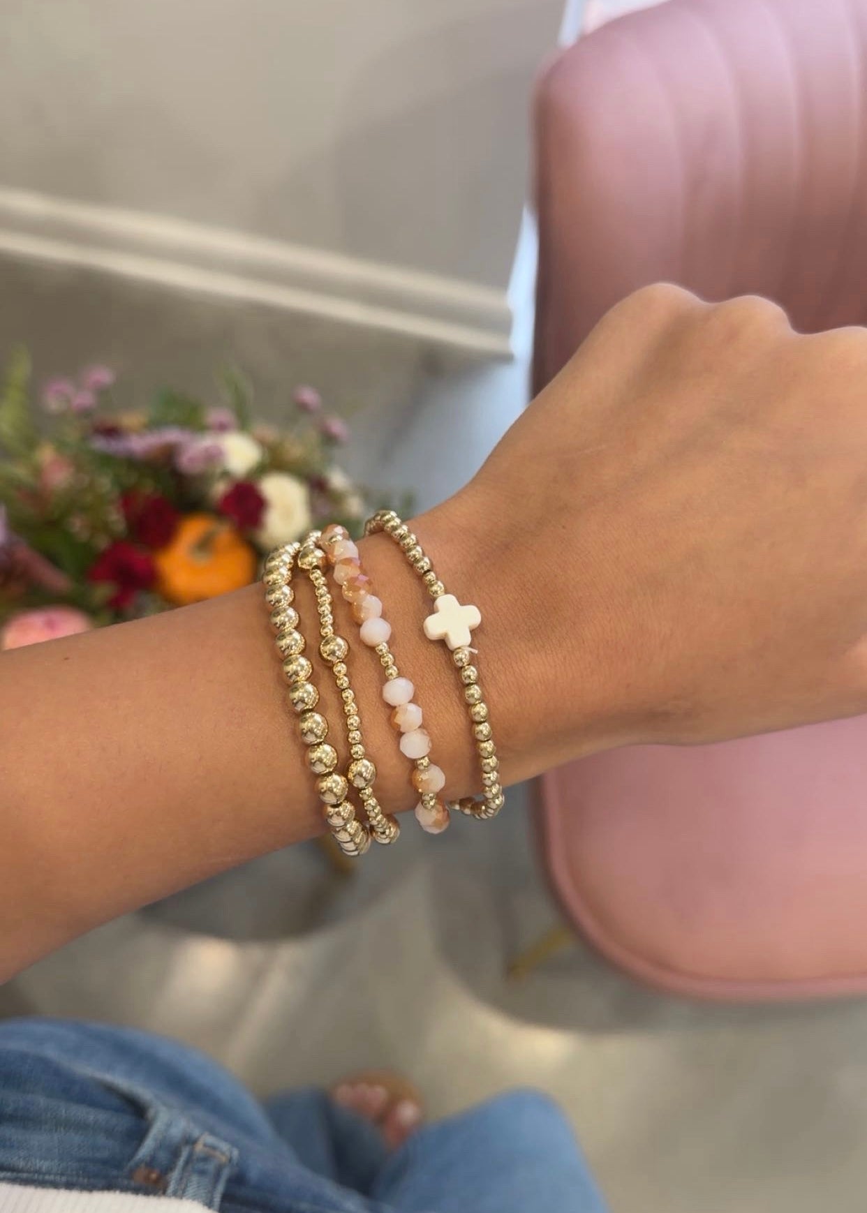 Cross Beaded Bracelet Set | White