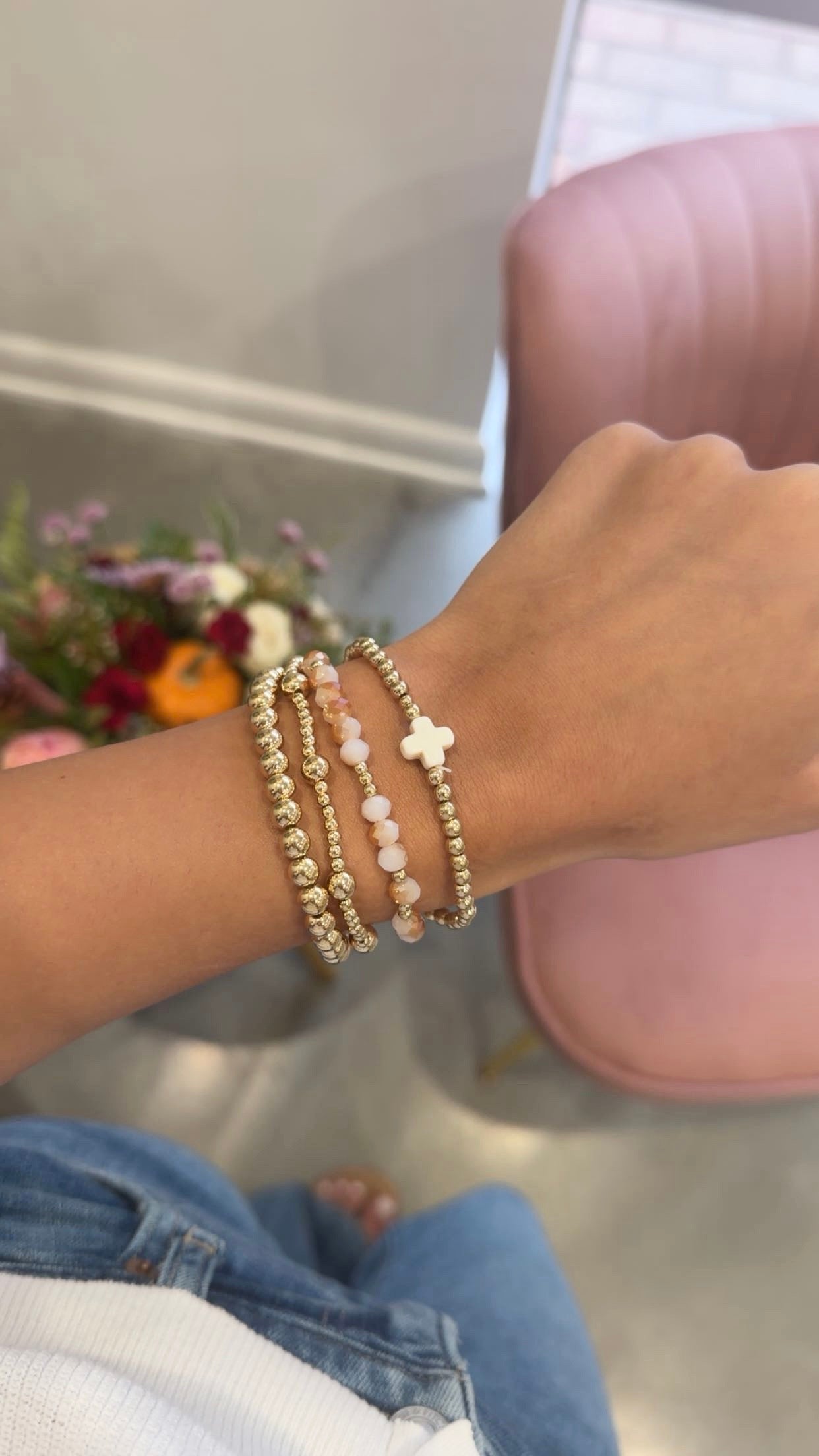 Cross Beaded Bracelet Set | White