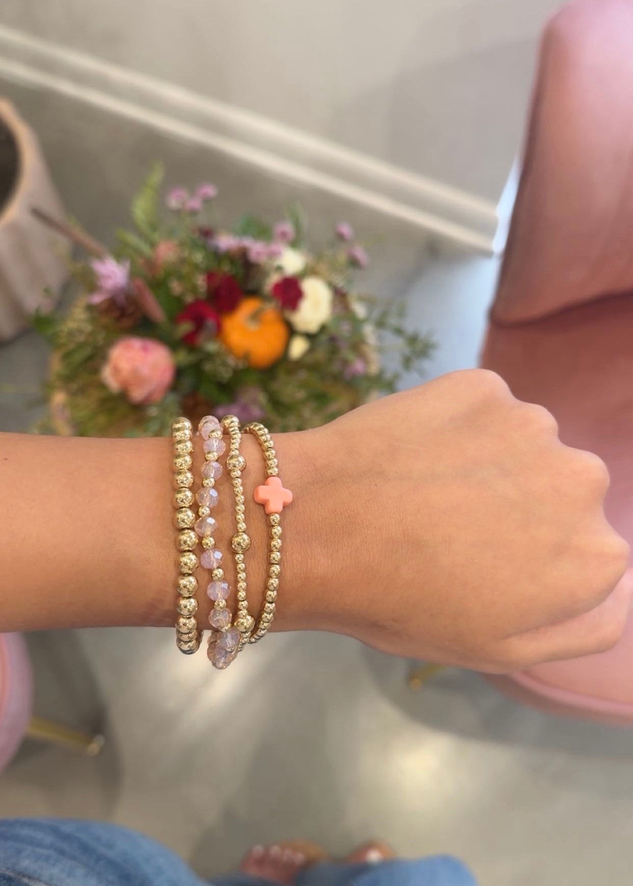 Cross Beaded Bracelet Set | Pink