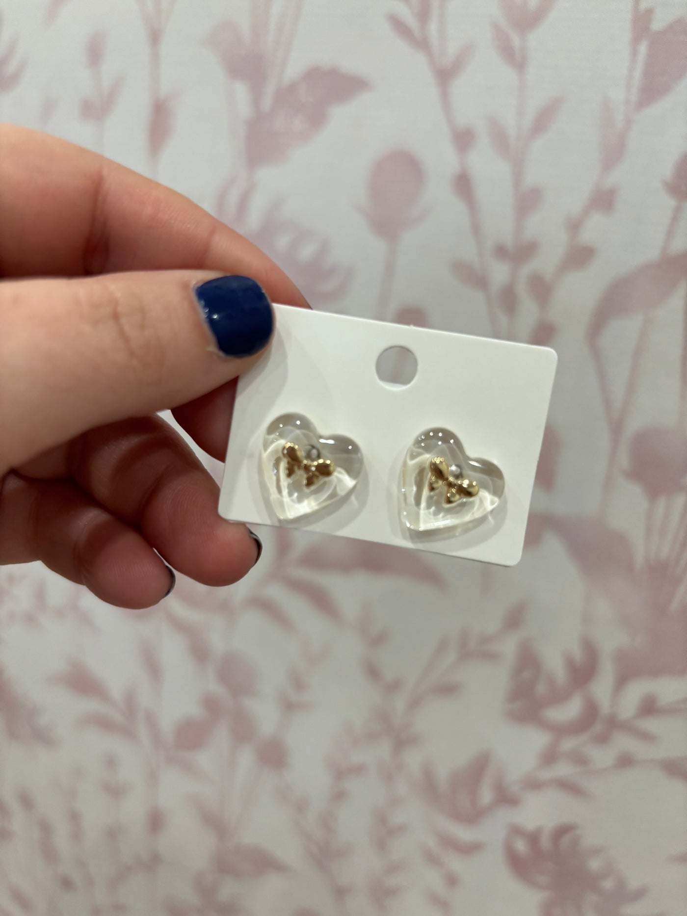 Acrylic Heart Gold Bow Stud Earrings | Clear