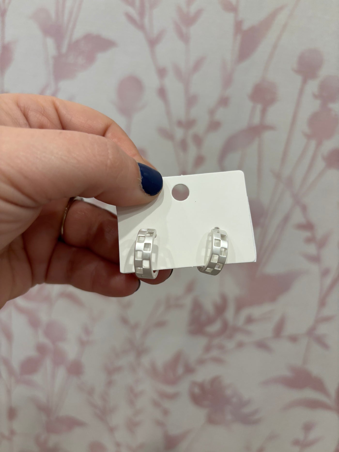Mini Cutout Checker Hoop Huggie Earring | Silver
