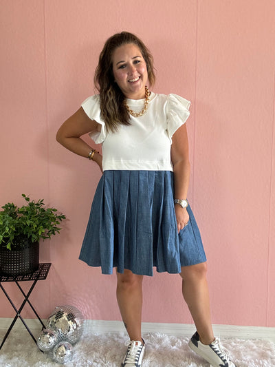 White and denim babydoll dress