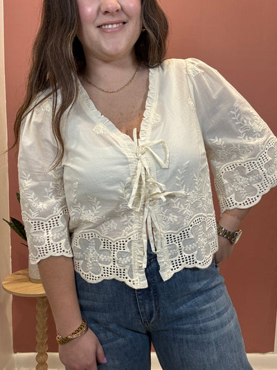 Floral Embroidery Tie Front Blouse