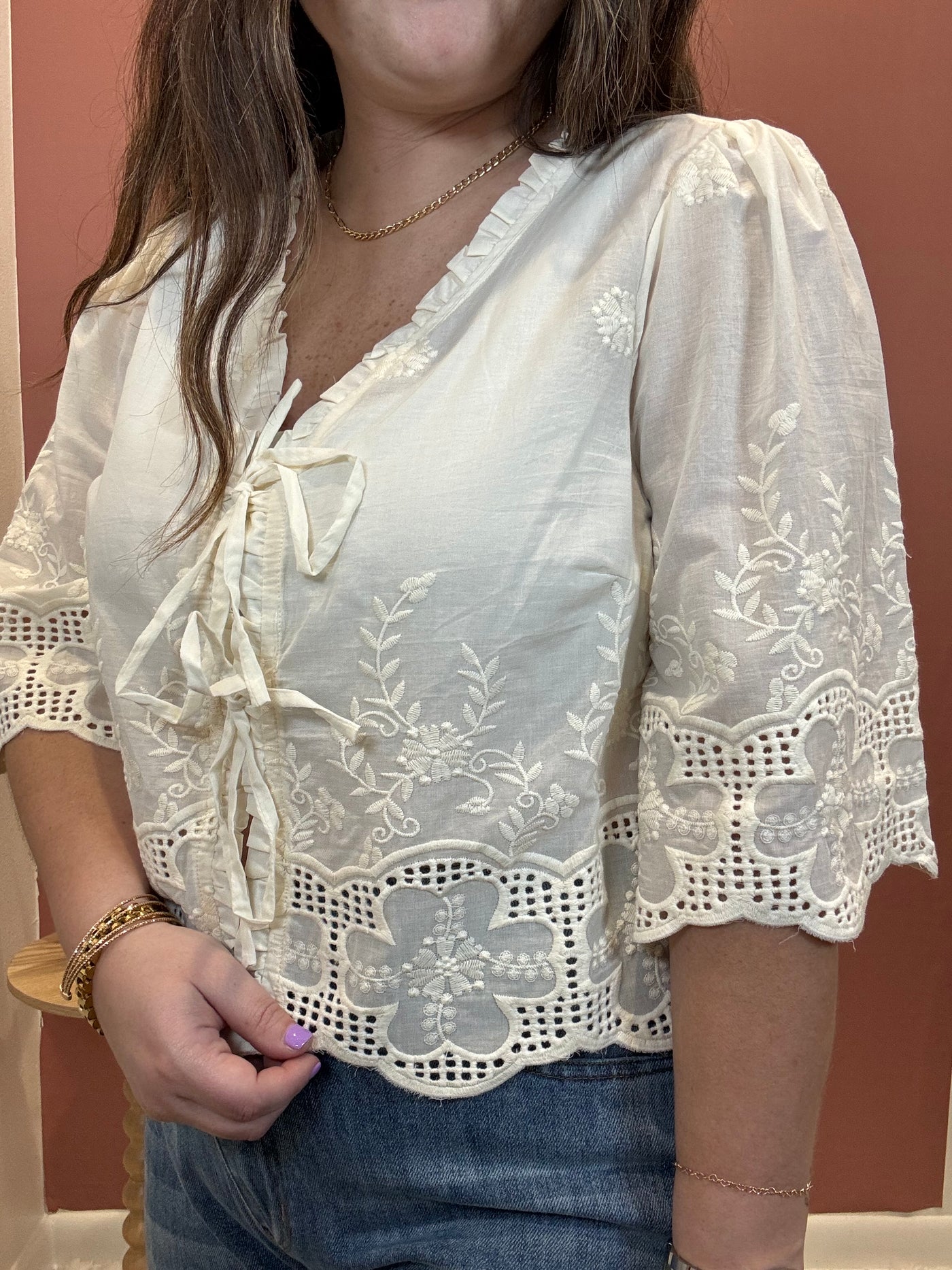 Floral Embroidery Tie Front Blouse