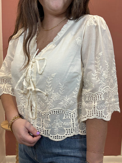 Floral Embroidery Tie Front Blouse